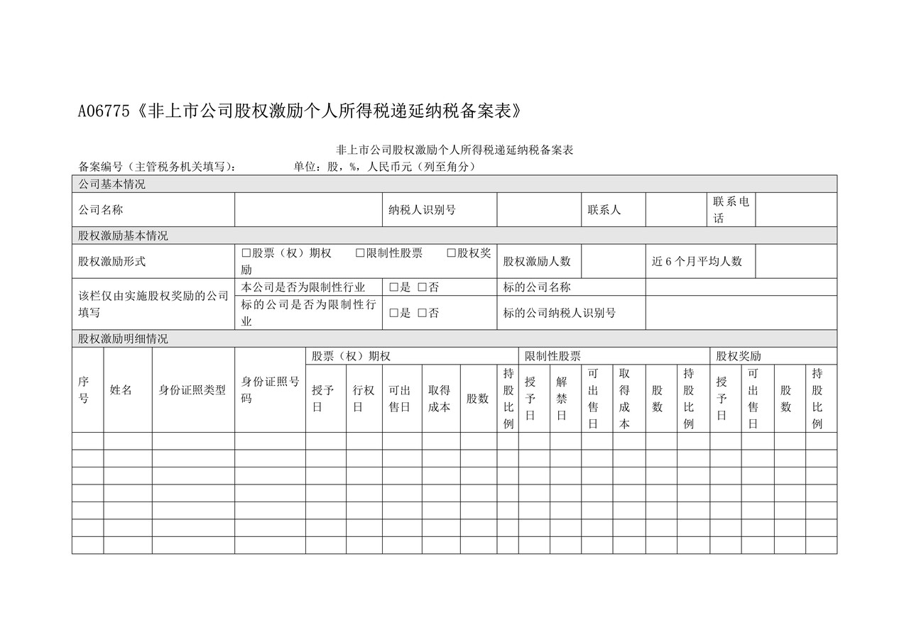 《非上市公司股权激励个人所得税递延纳税备案表》