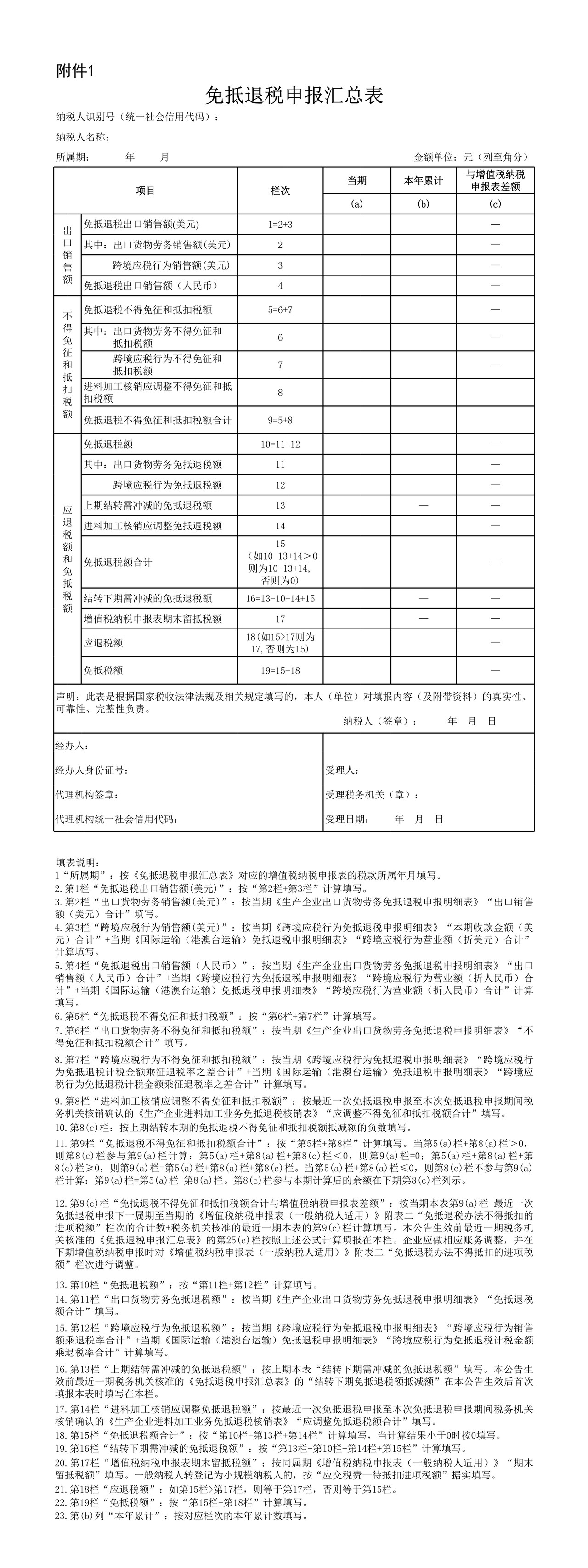 免抵退税申报汇总表