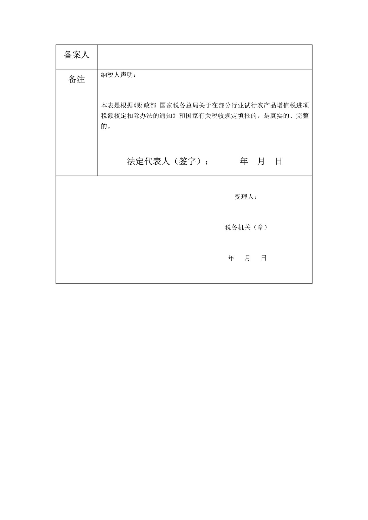 《农产品增值税进项税额扣除标准备案表》