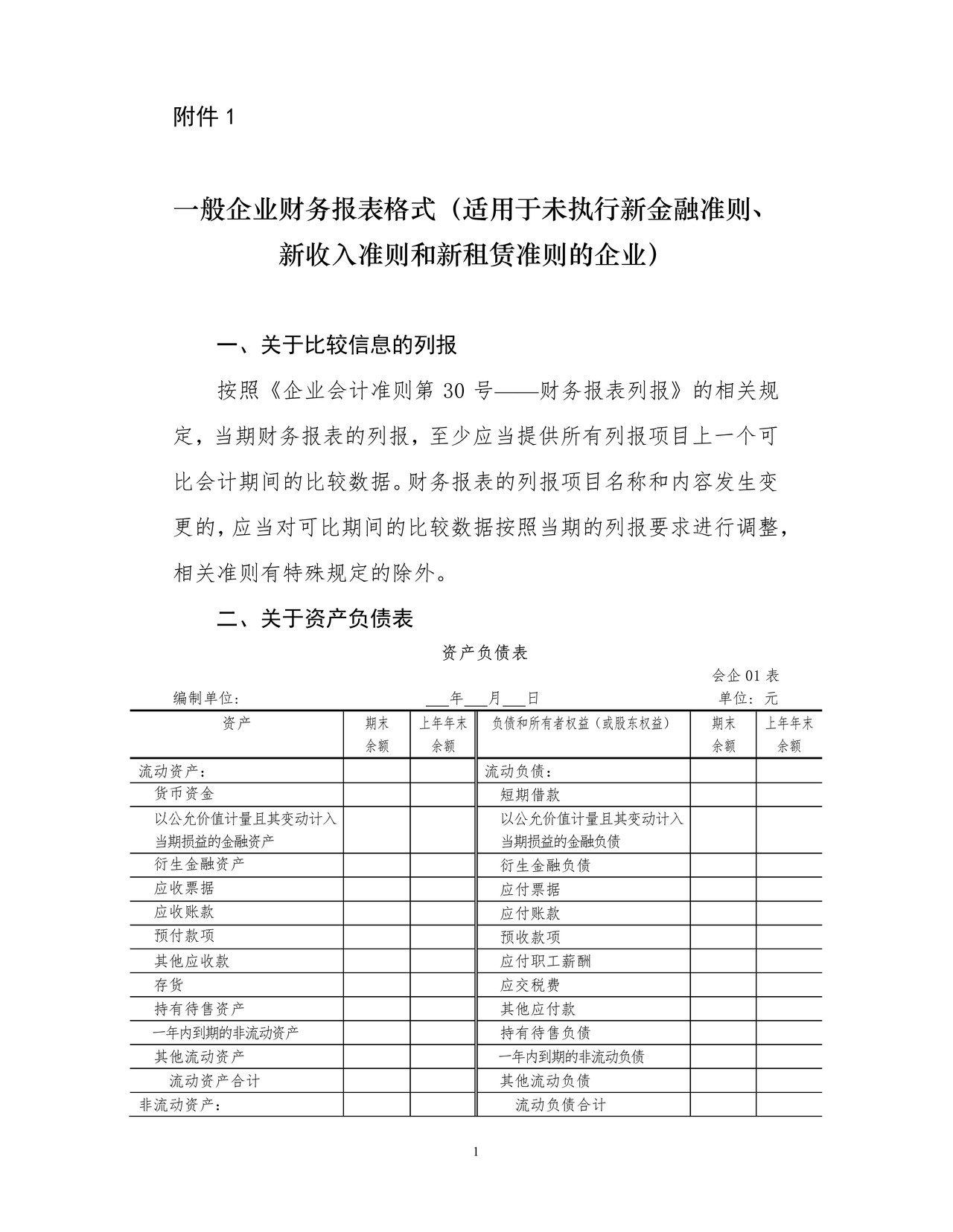 一般企业财务报表格式（适用于未执行新金融准则、新收入准则和新租赁准则的企业）