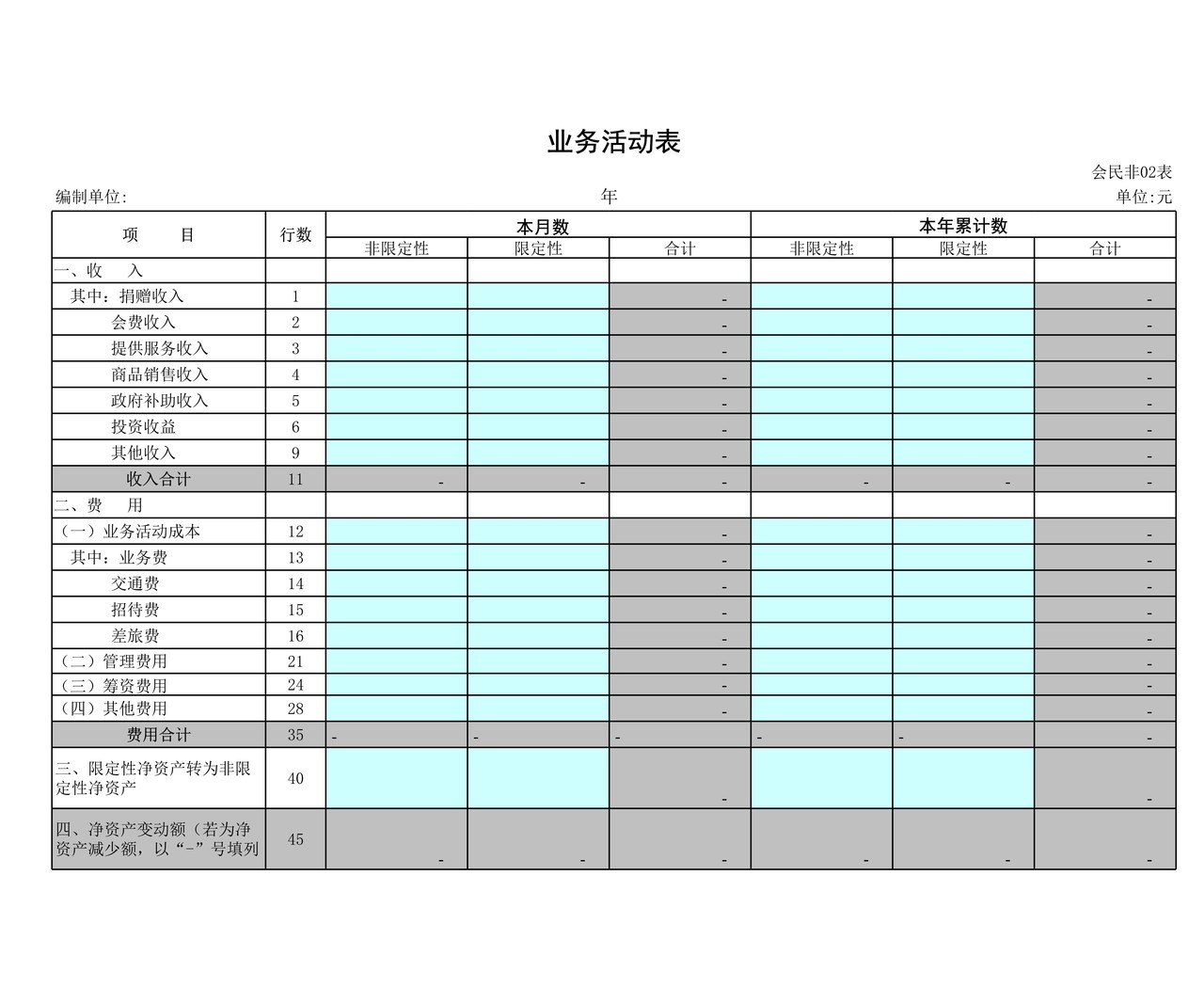 民间非营利组织财务报表模板