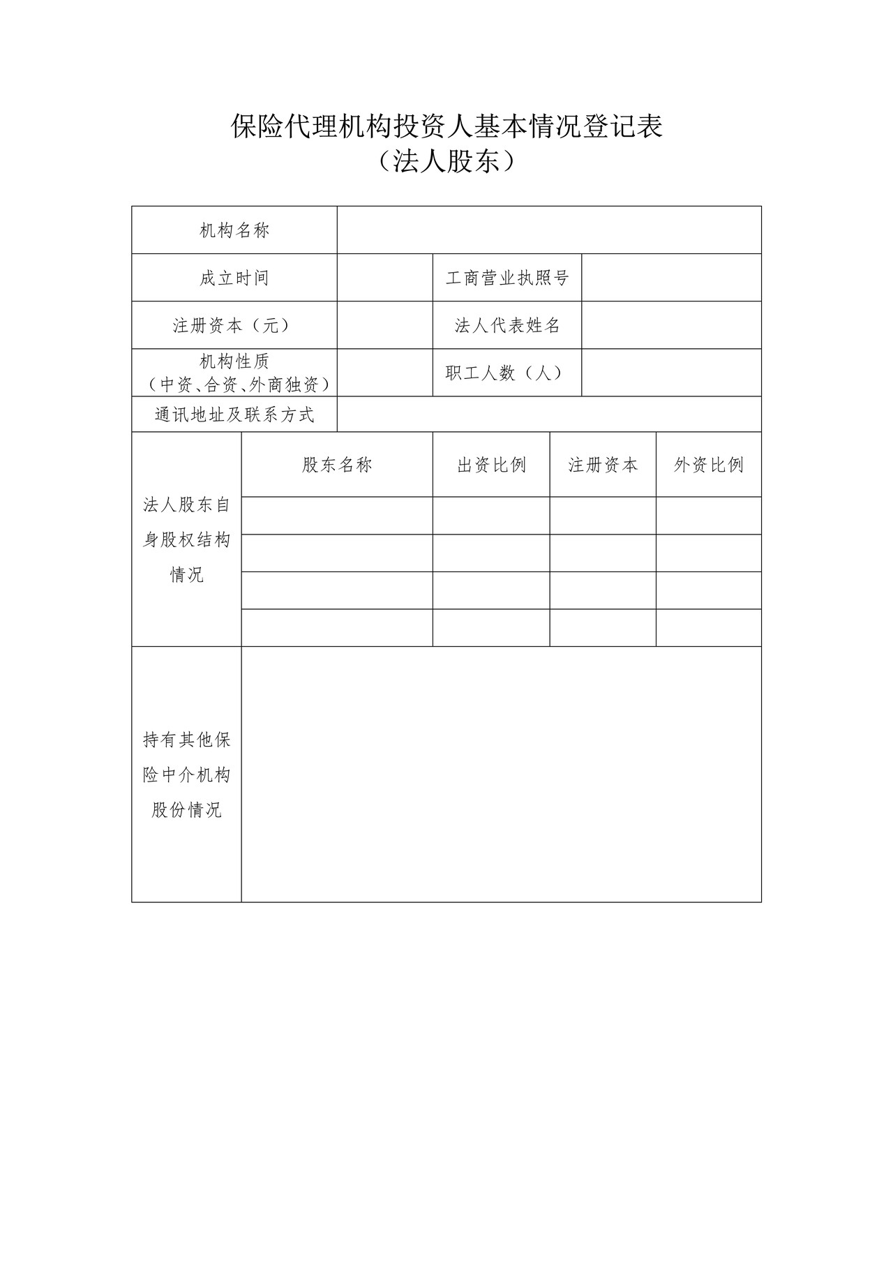 保险专业代理机构（非集团）设立之保险代理机构投资人基本情况登记表（法人股东）