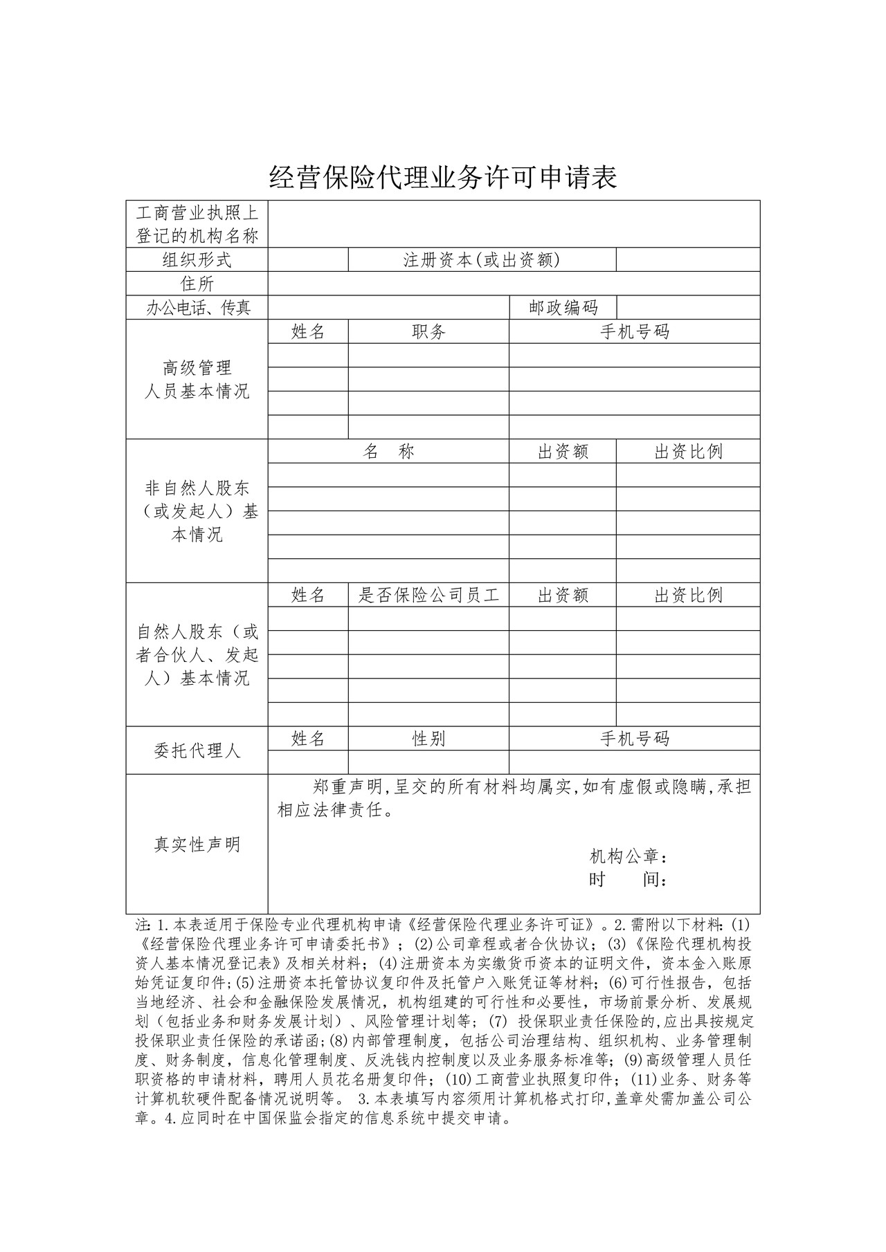 保险专业代理机构（非集团）设立之经营保险代理业务许可申请表