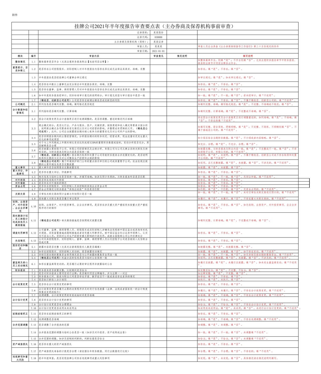 挂牌公司2021年半年度报告审查要点表主办券商及保荐机构事前审查
