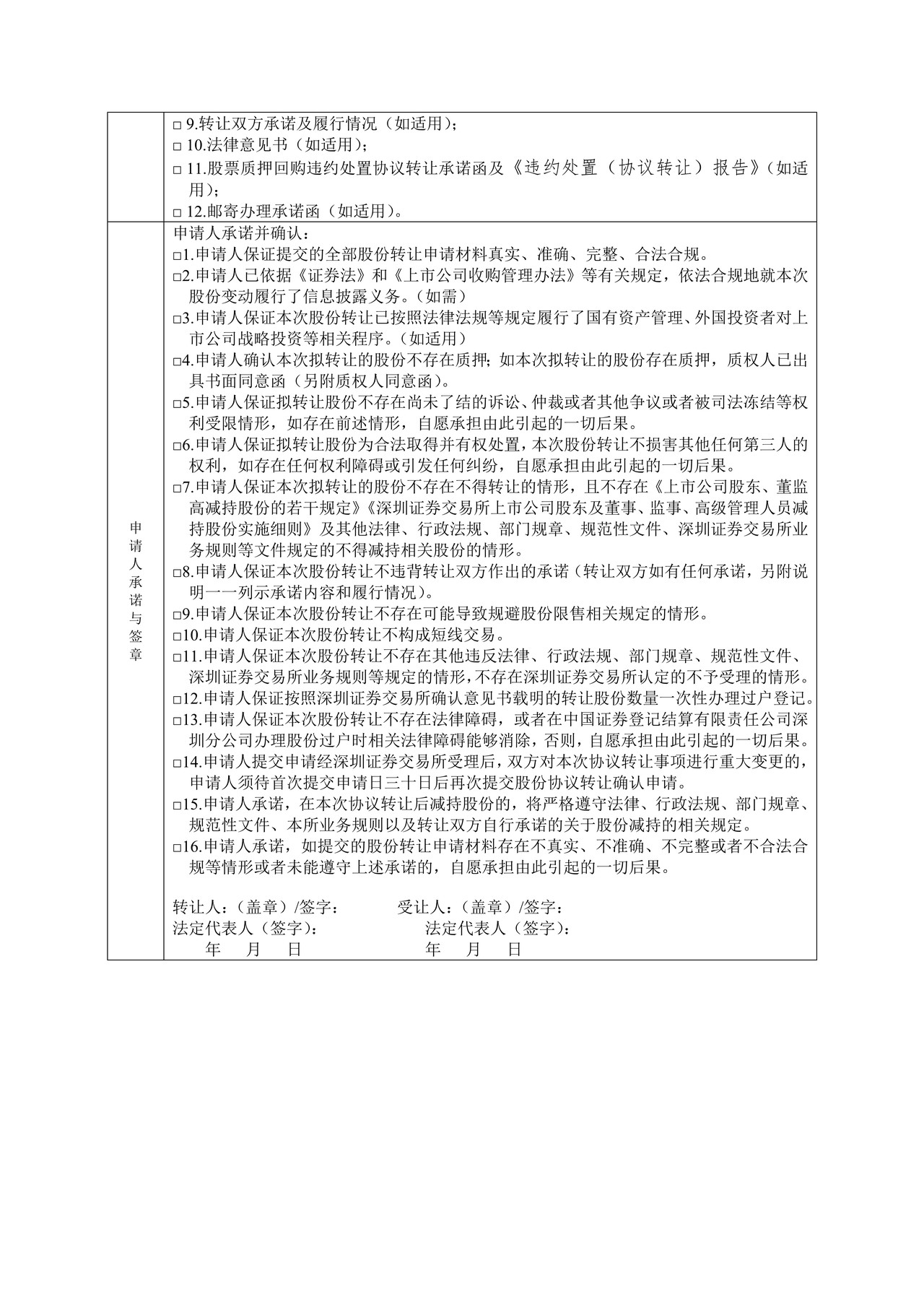 深圳证券交易所上市公司股份协议转让确认申请表