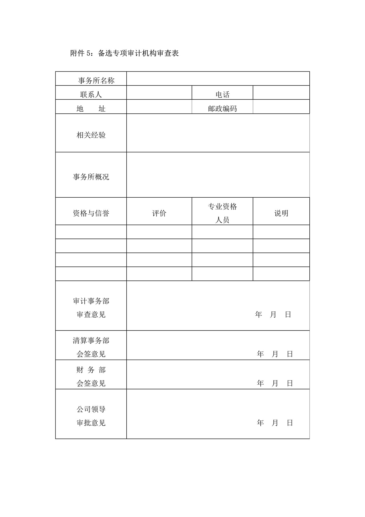 备选专项审计机构审查表