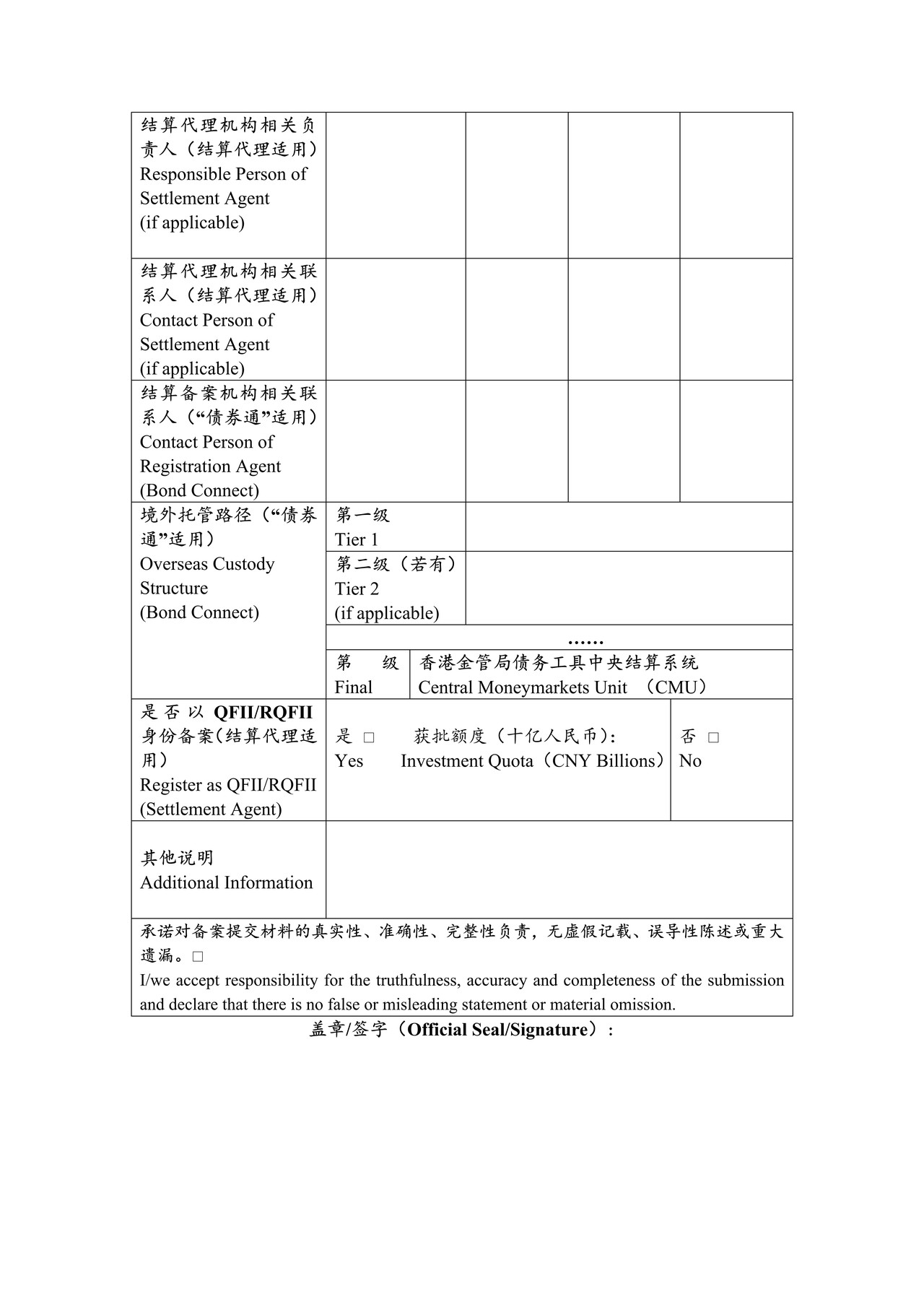 境外机构投资者投资中国银行间债券市场备案表（债券通入市指引附件）