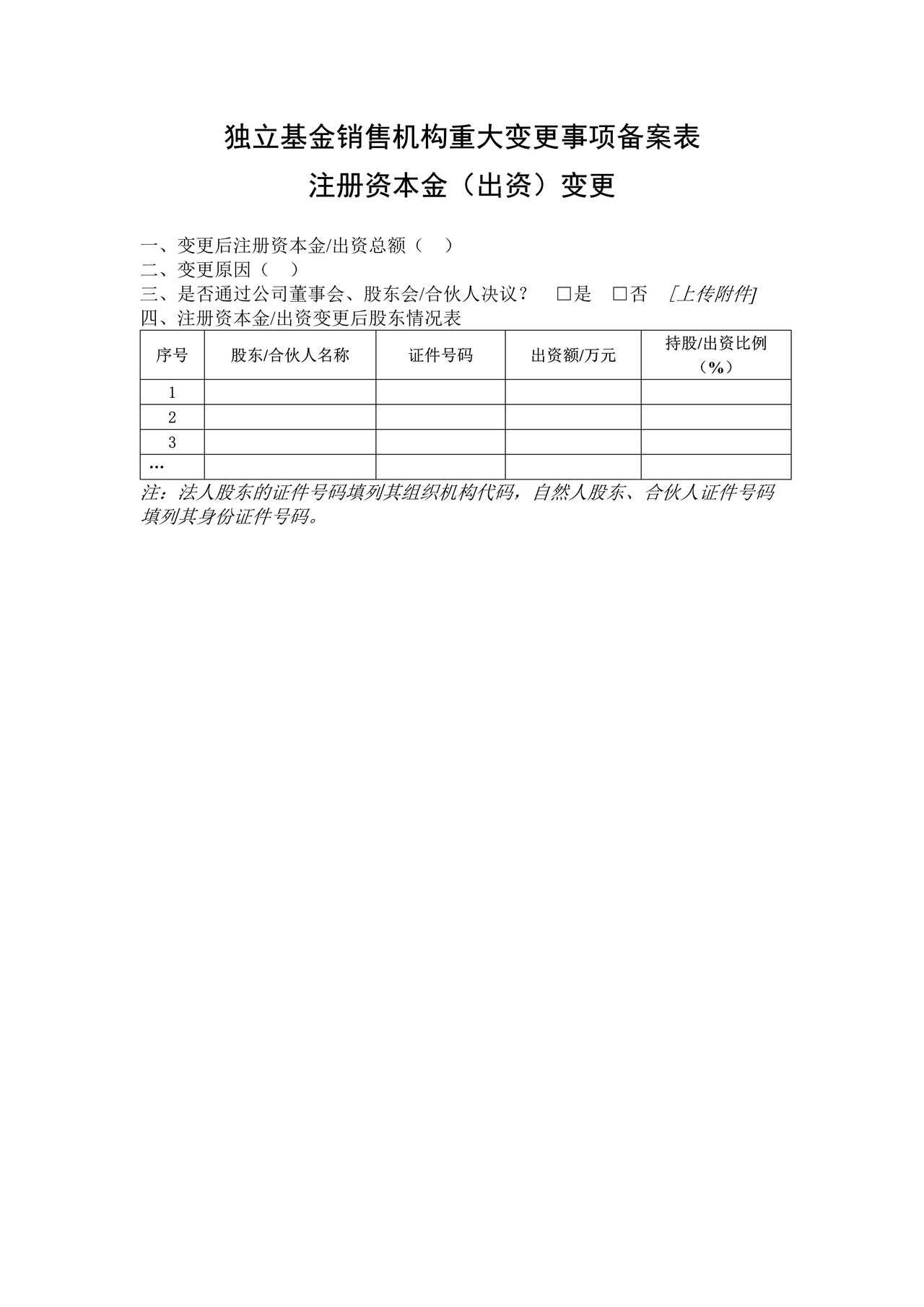 独立基金销售机构重大变更事项备案表注册资本金（出资）变更