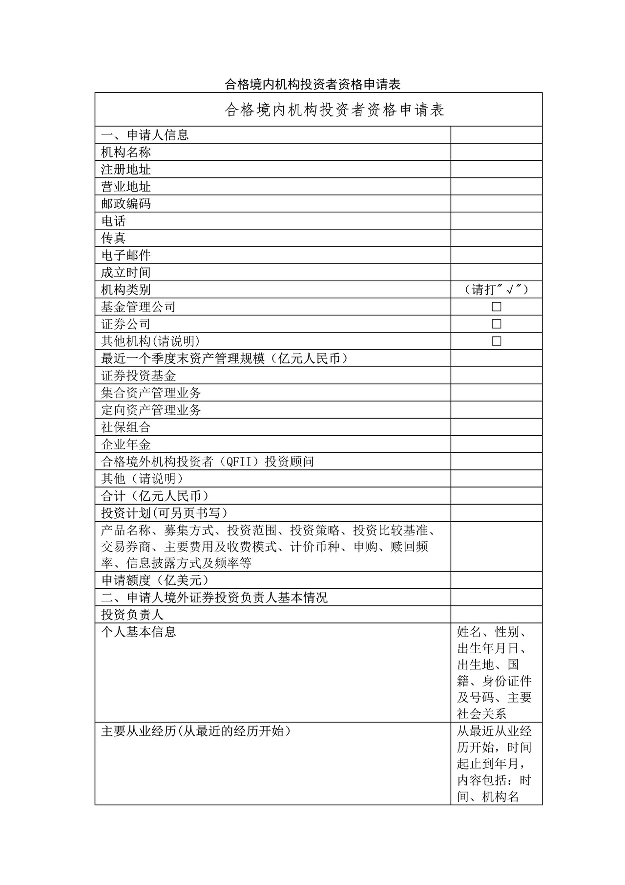 公募基金管理公司变更重大事项审批之合格境内机构投资者资格申请表