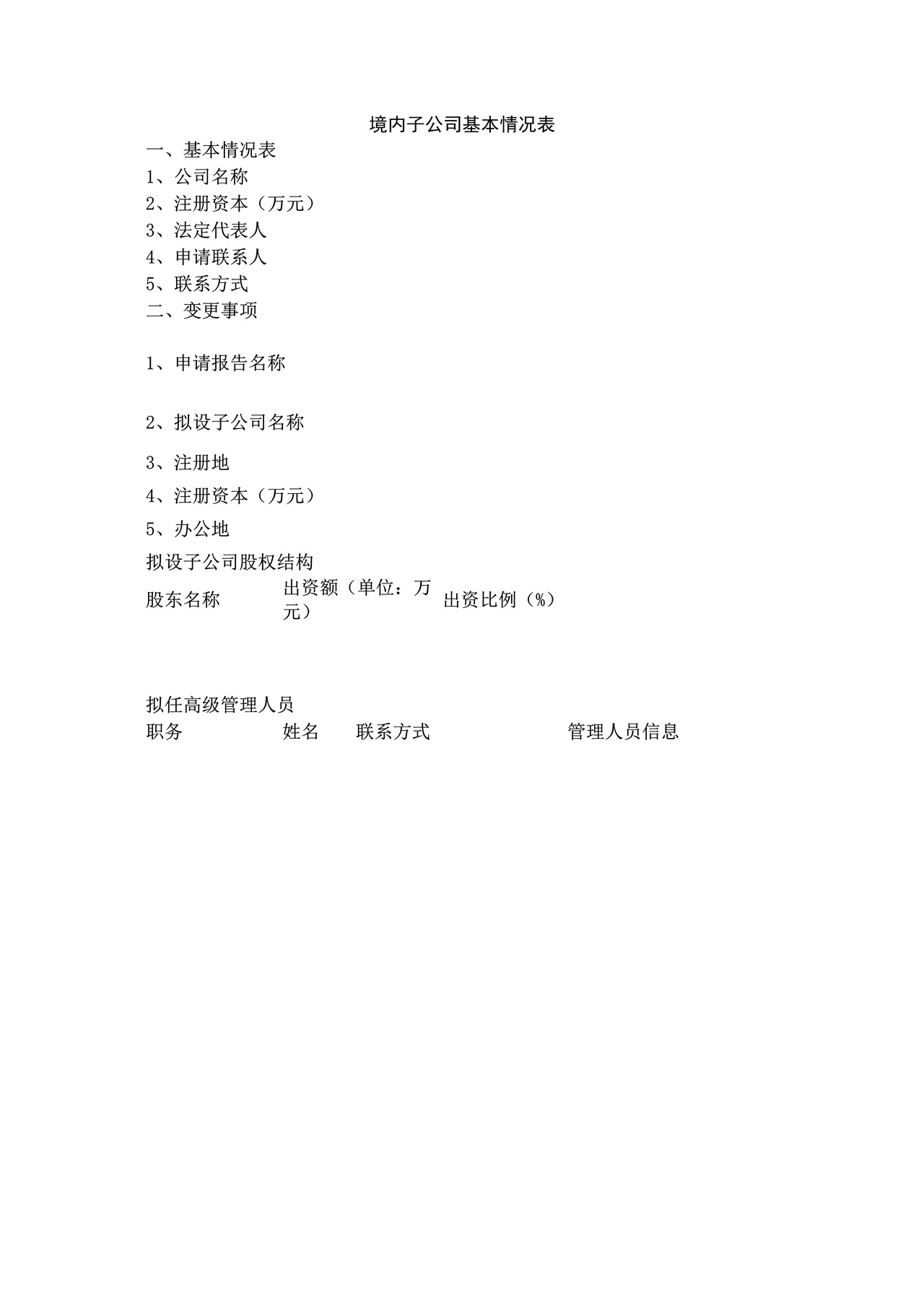 公募基金管理公司变更重大事项审批之境内子公司基本情况表