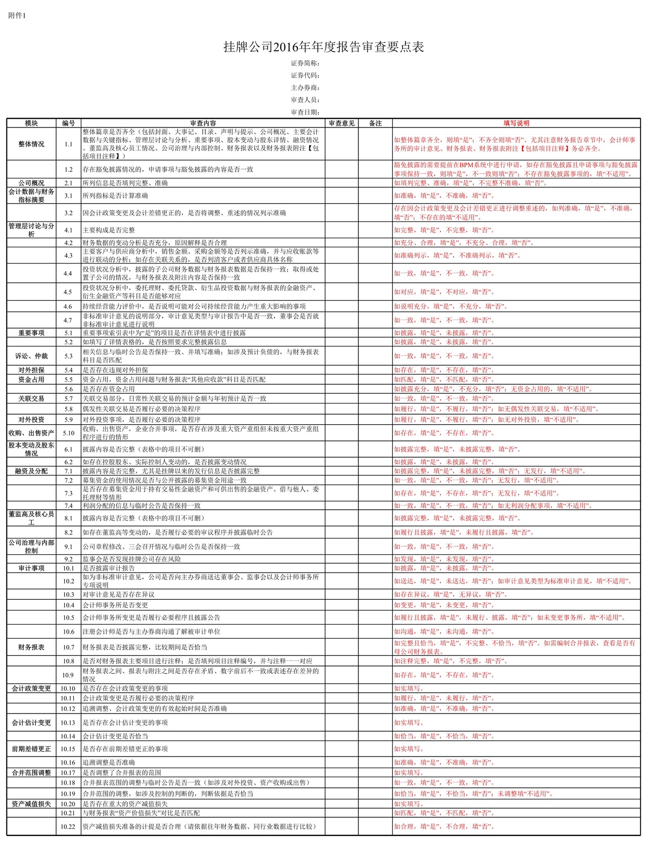 挂牌公司2016年年度报告审查要点表