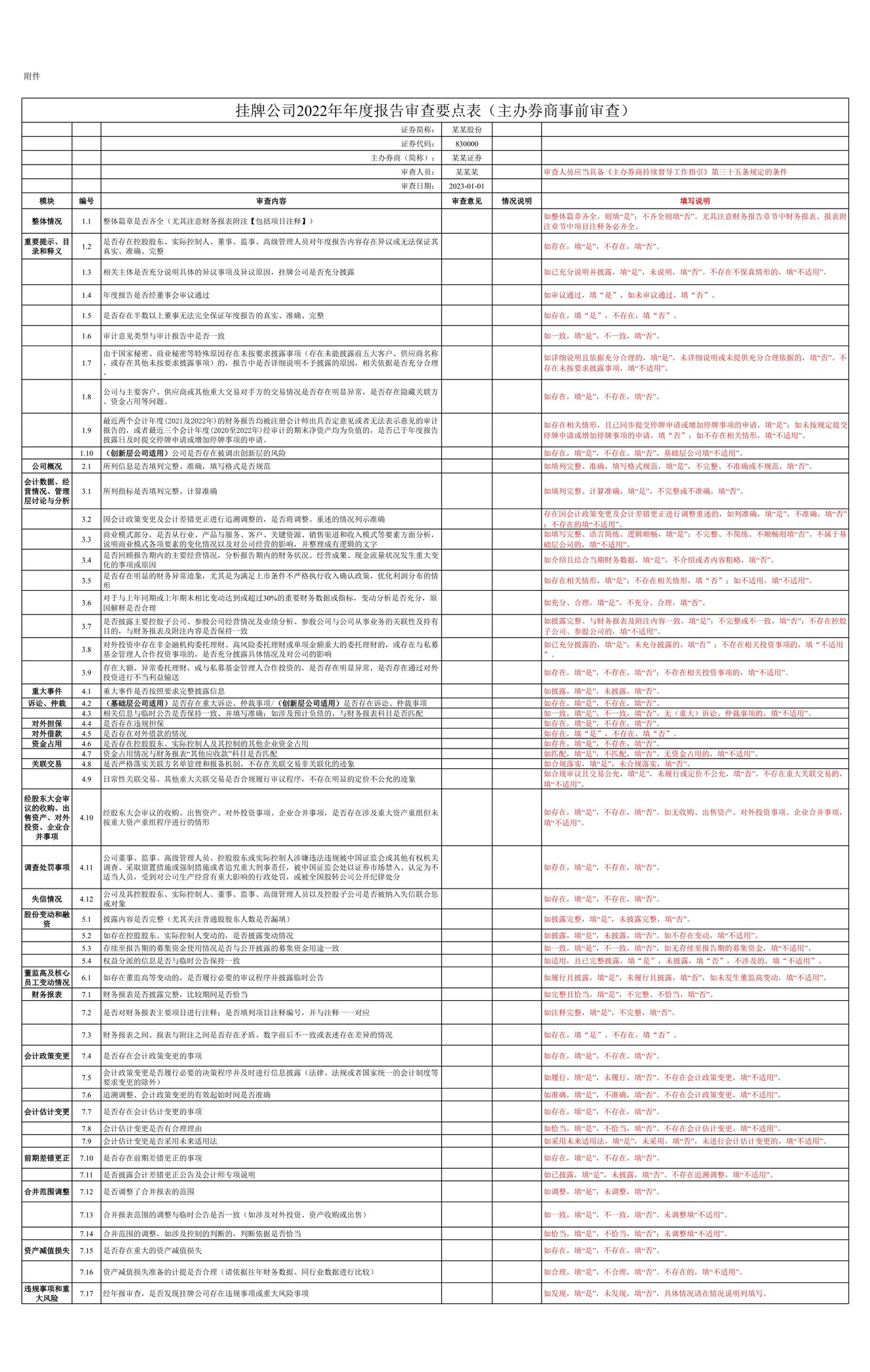 挂牌公司2022年年度报告审查要点表（主办券商事前审查）
