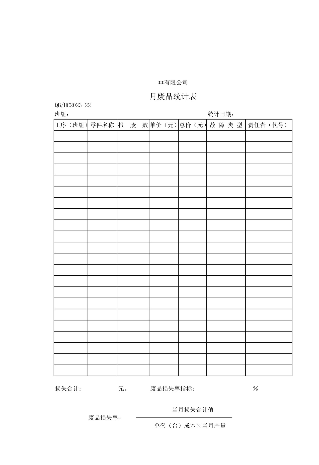 月废品统计表