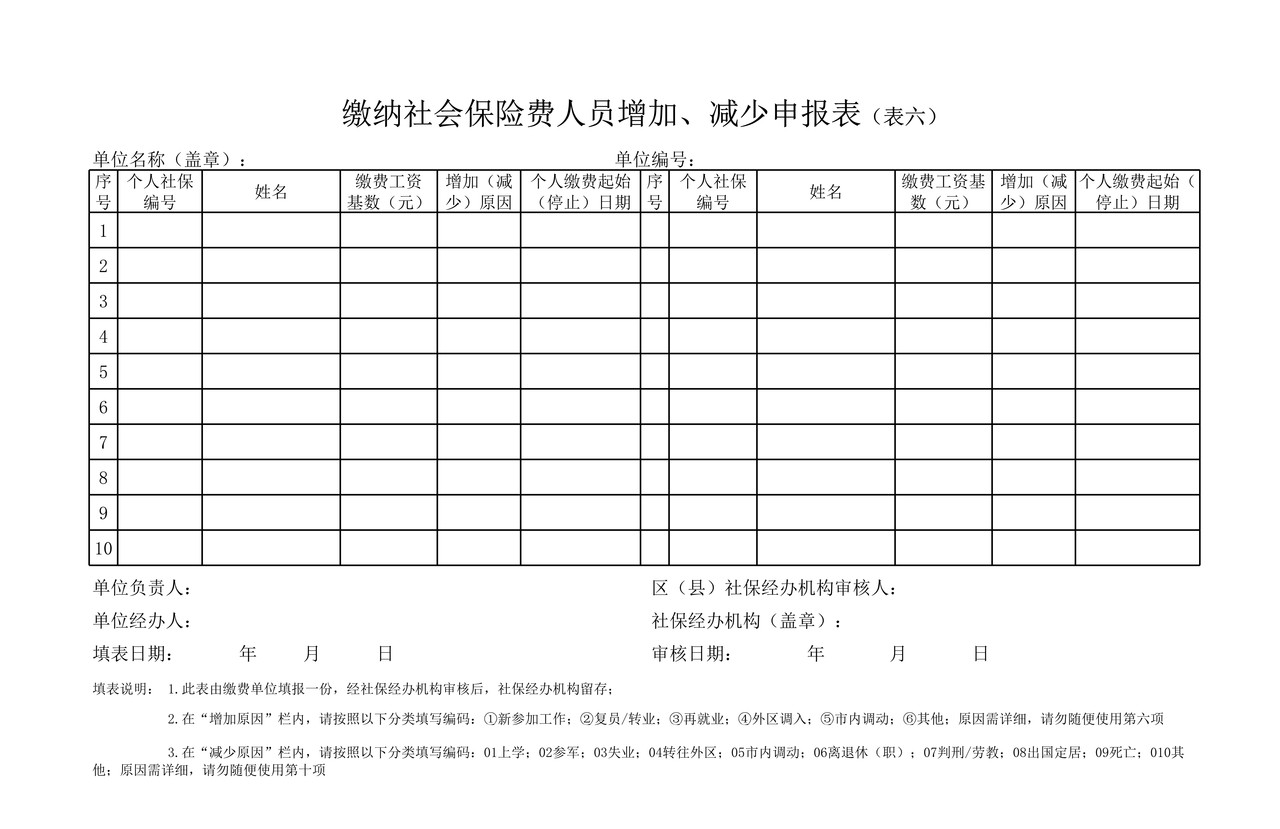 社保表格增加、减少表