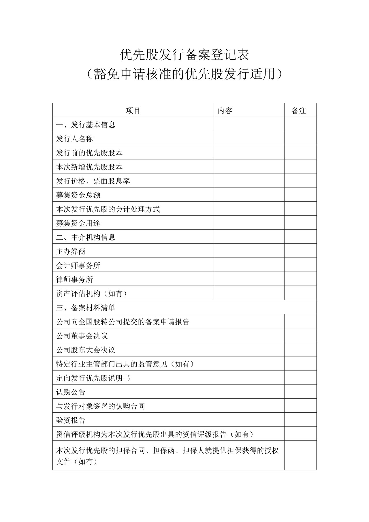 优先股发行备案登记表（豁免申请核准的优先股发行适用）