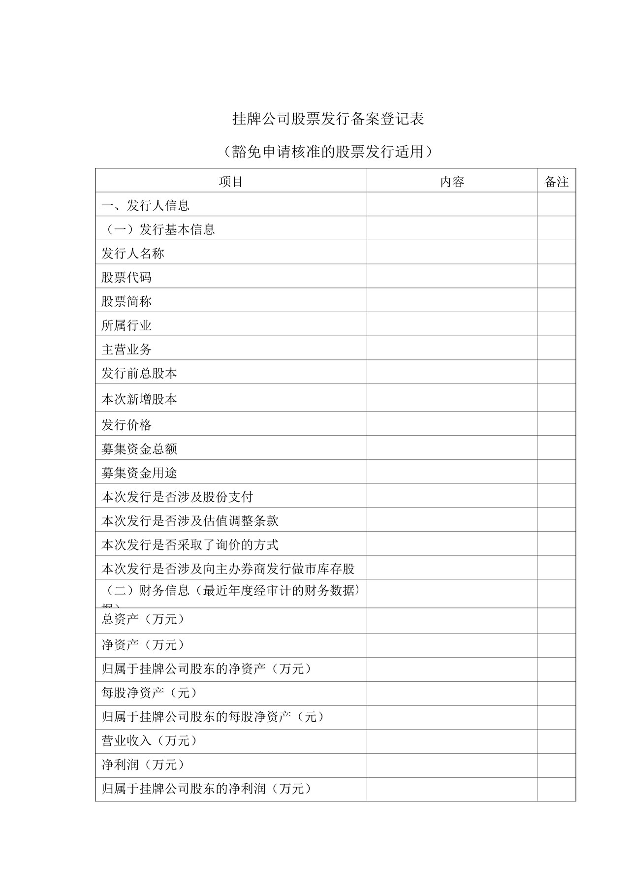 挂牌公司股票发行备案登记表
