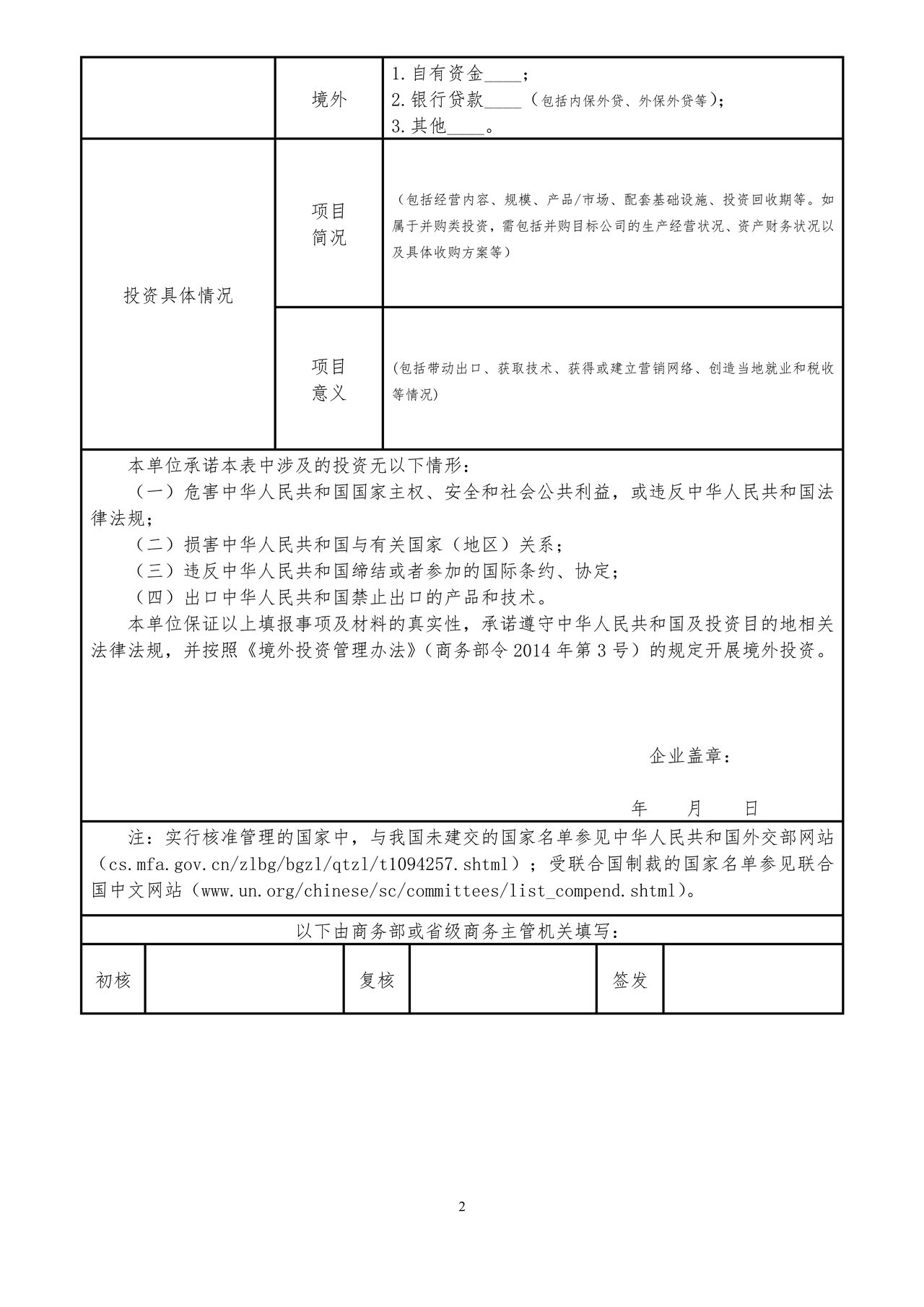 境外投资申请表（样式）