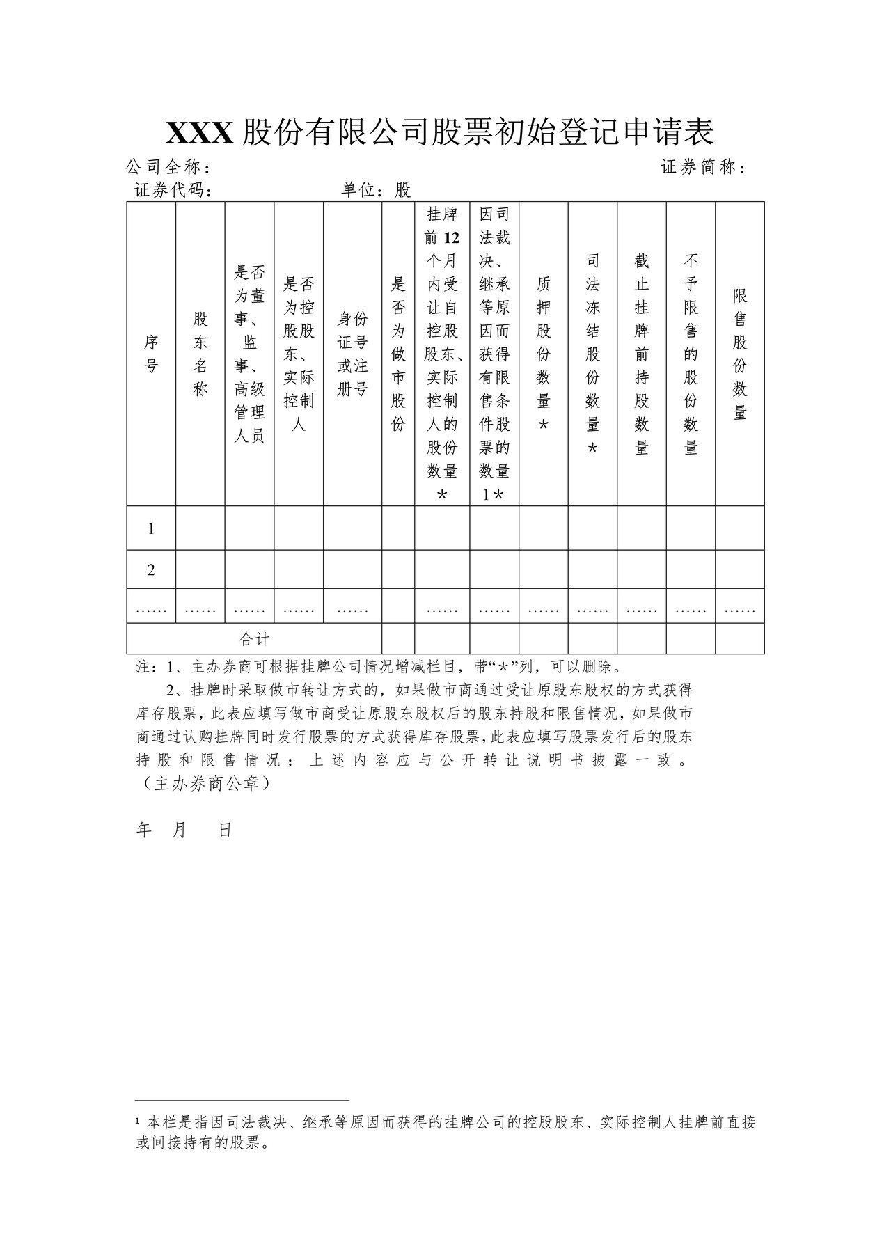 股票初始登记申请表