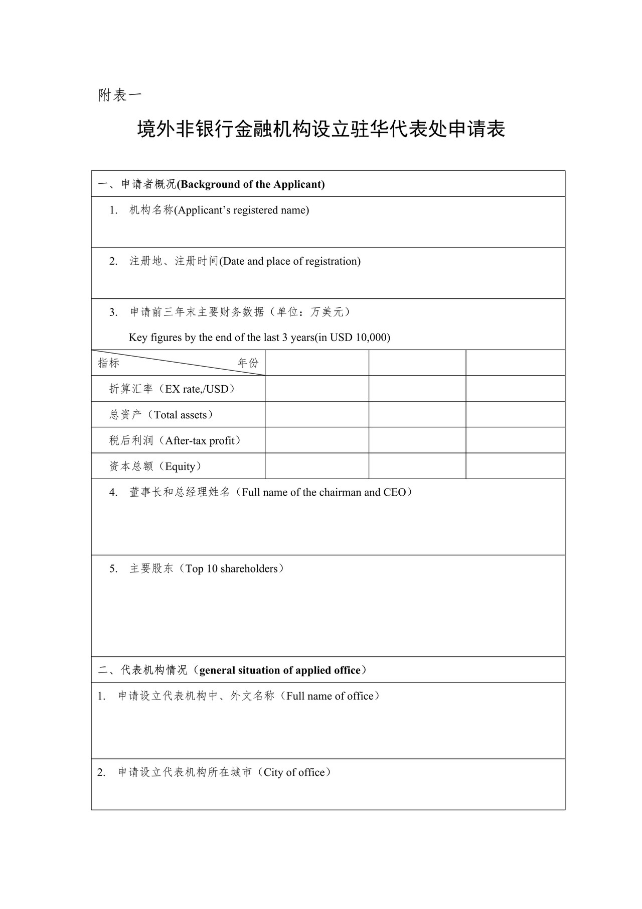 境外非银行金融机构设立驻华代表处申请表