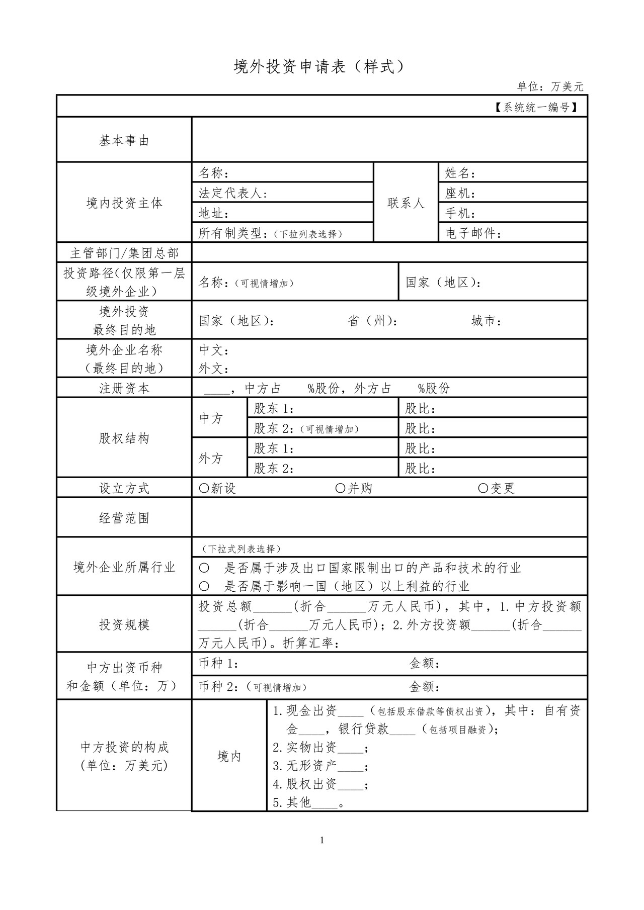 境外投资申请表（样式）