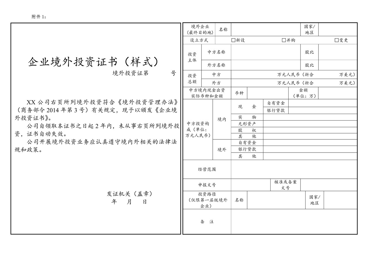 企业境外投资证书（样式）