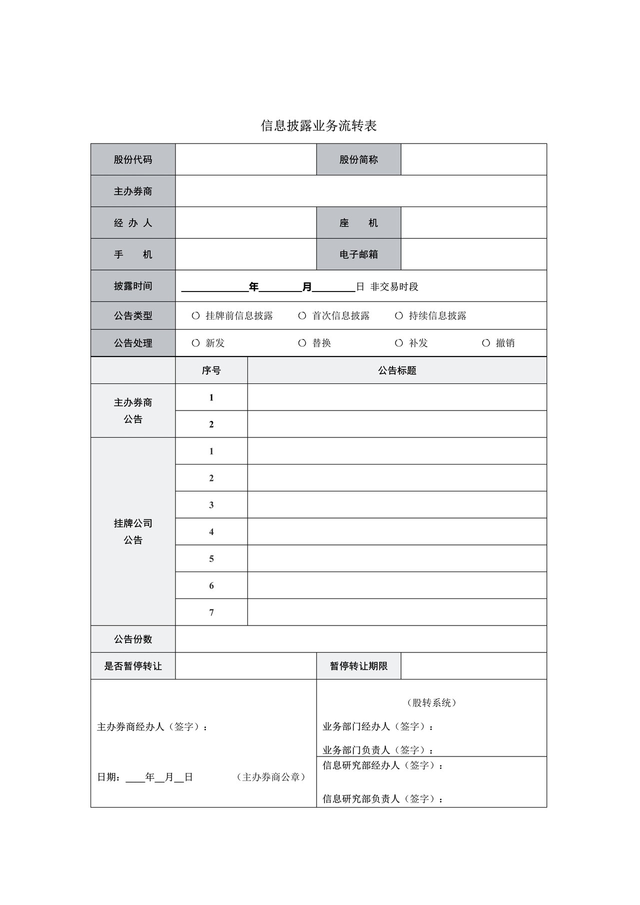 信息披露业务流转表
