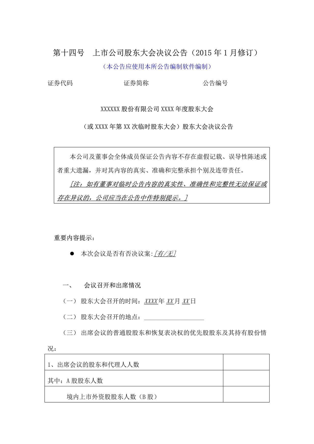 上市公司股东大会决议公告——上海证券交易所上市公司日常信息披露工作备忘录临时公告格式指引第十四号（2015年修订）