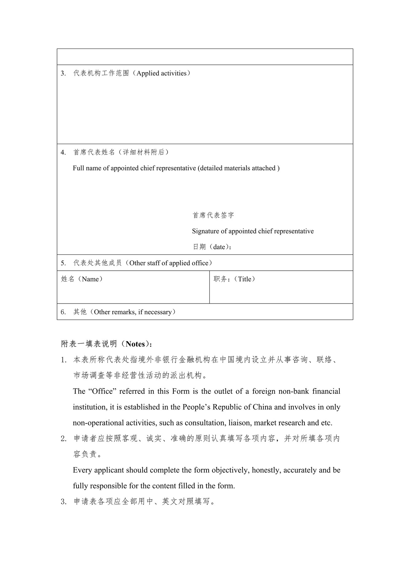 境外非银行金融机构设立驻华代表处申请表
