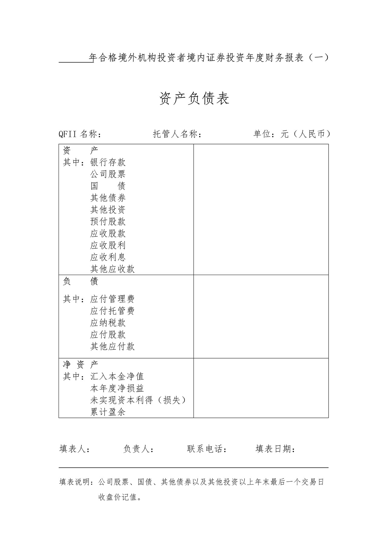 yyyy年合格境外机构投资者境内证券投资年度财务报表（一）