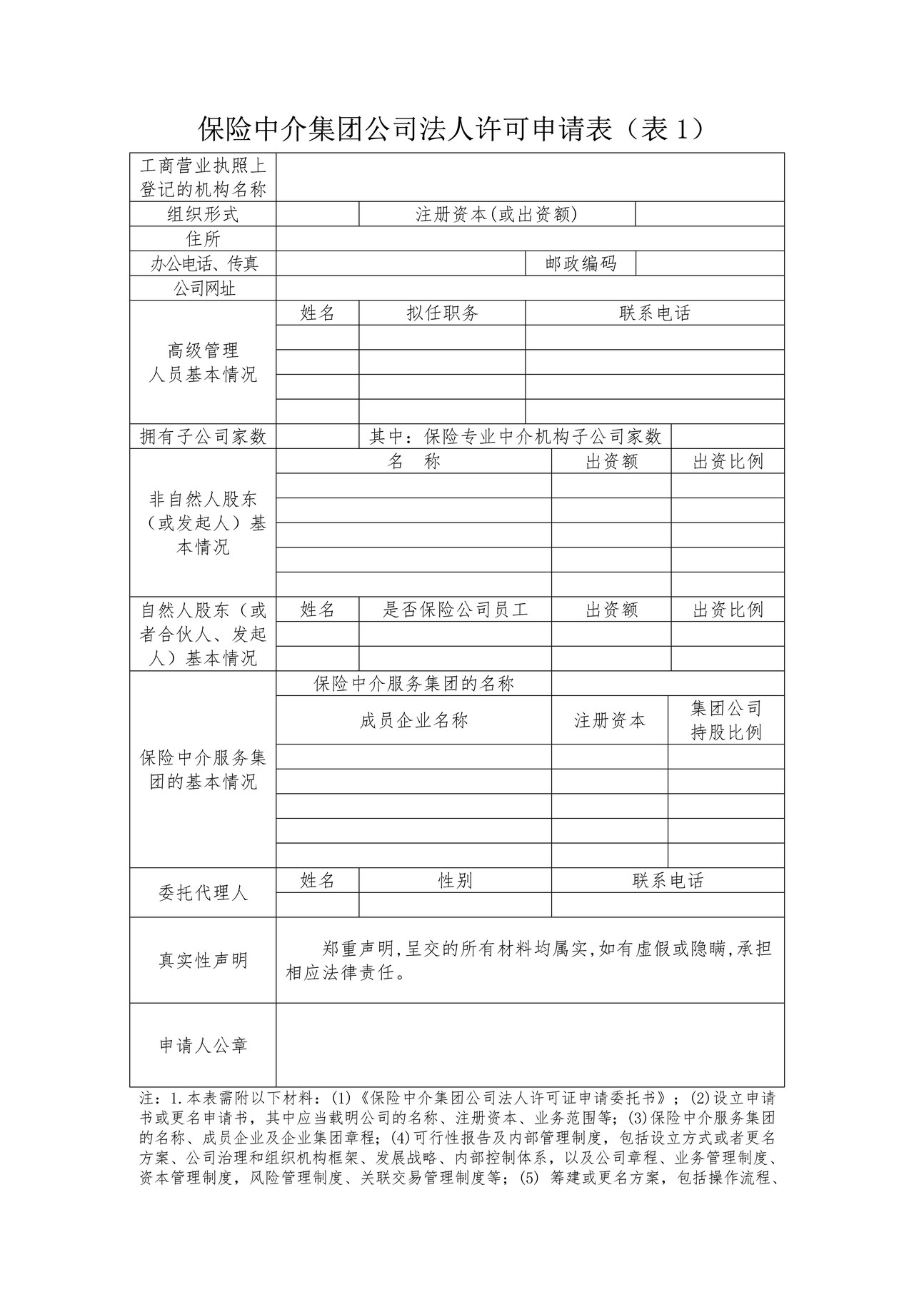 保险中介集团公司法人许可申请表
