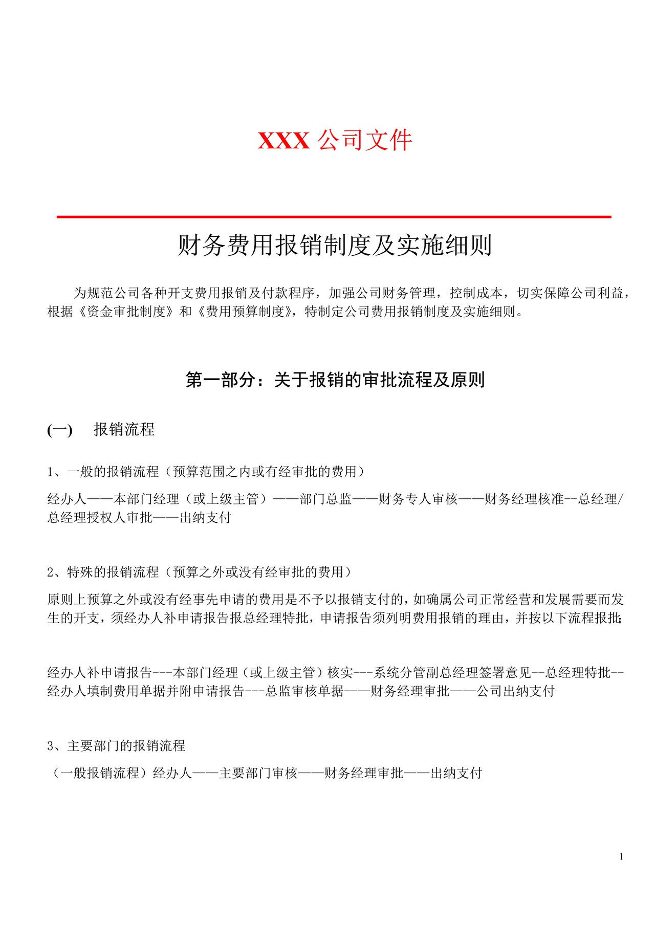 XXX公司文件费用报销制度及实施细则