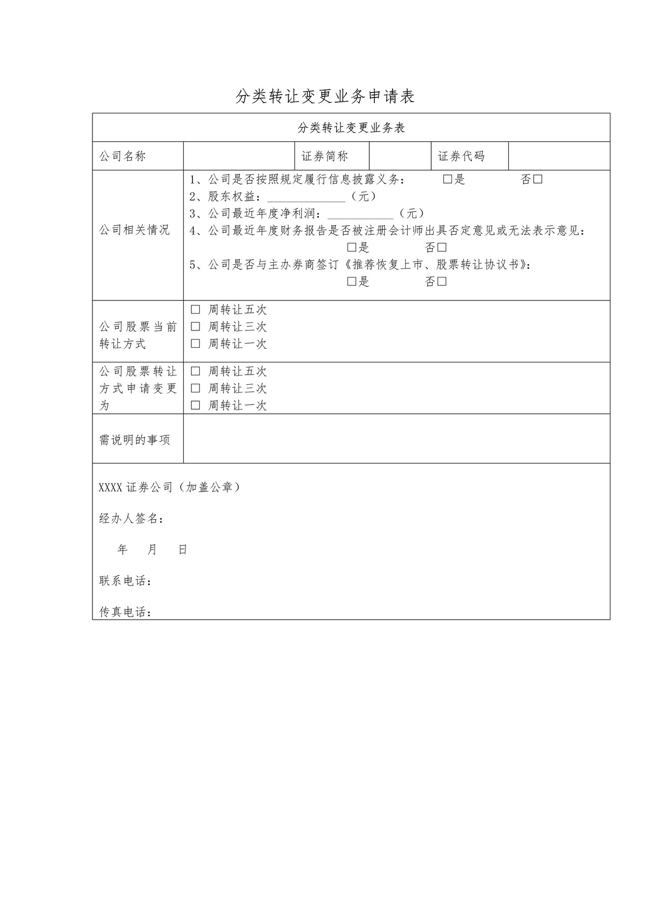 挂牌公司分类转让变更业务申请表