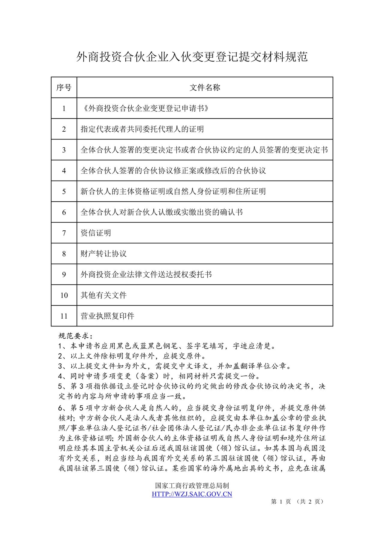 外商投资合伙企业入伙变更登记提交材料规范(2014版)