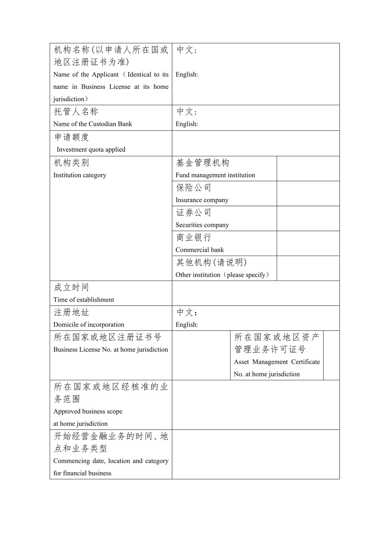 合格境外机构投资者境内证券投资申请表（中英文对照）