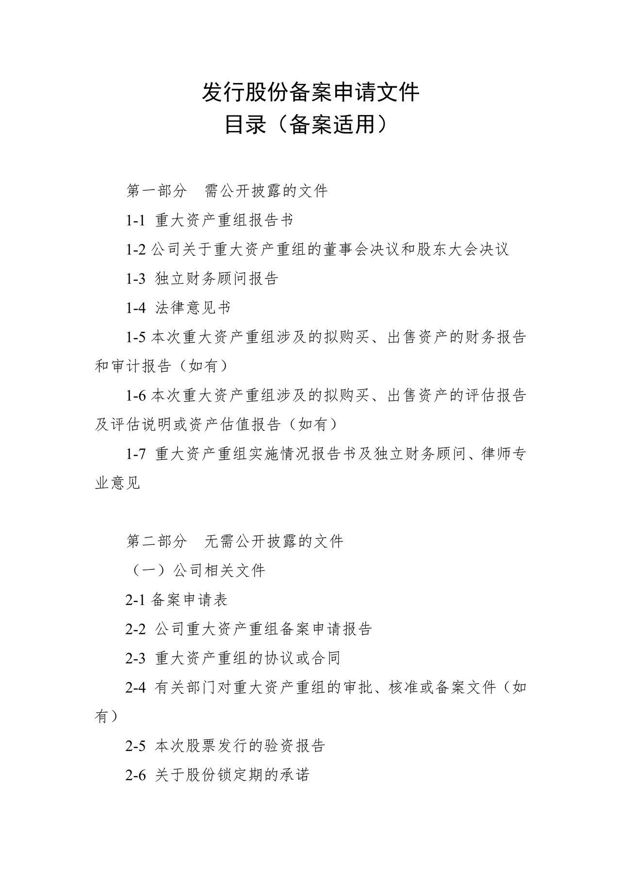 非上市公众公司发行股份购买资产构成重大资产重组备案申请文件目录(备案适用)