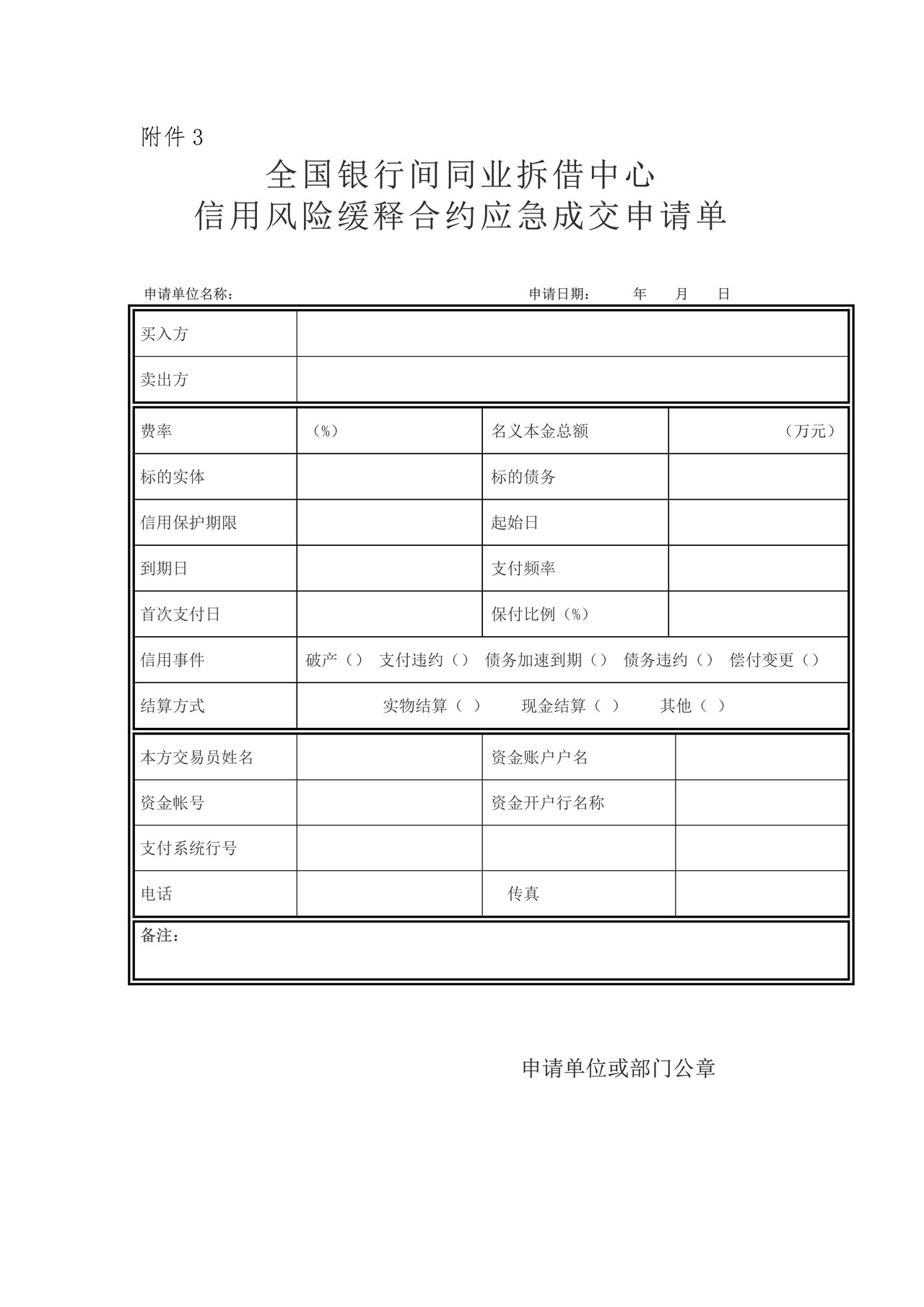 信用风险缓释合约应急成交申请单