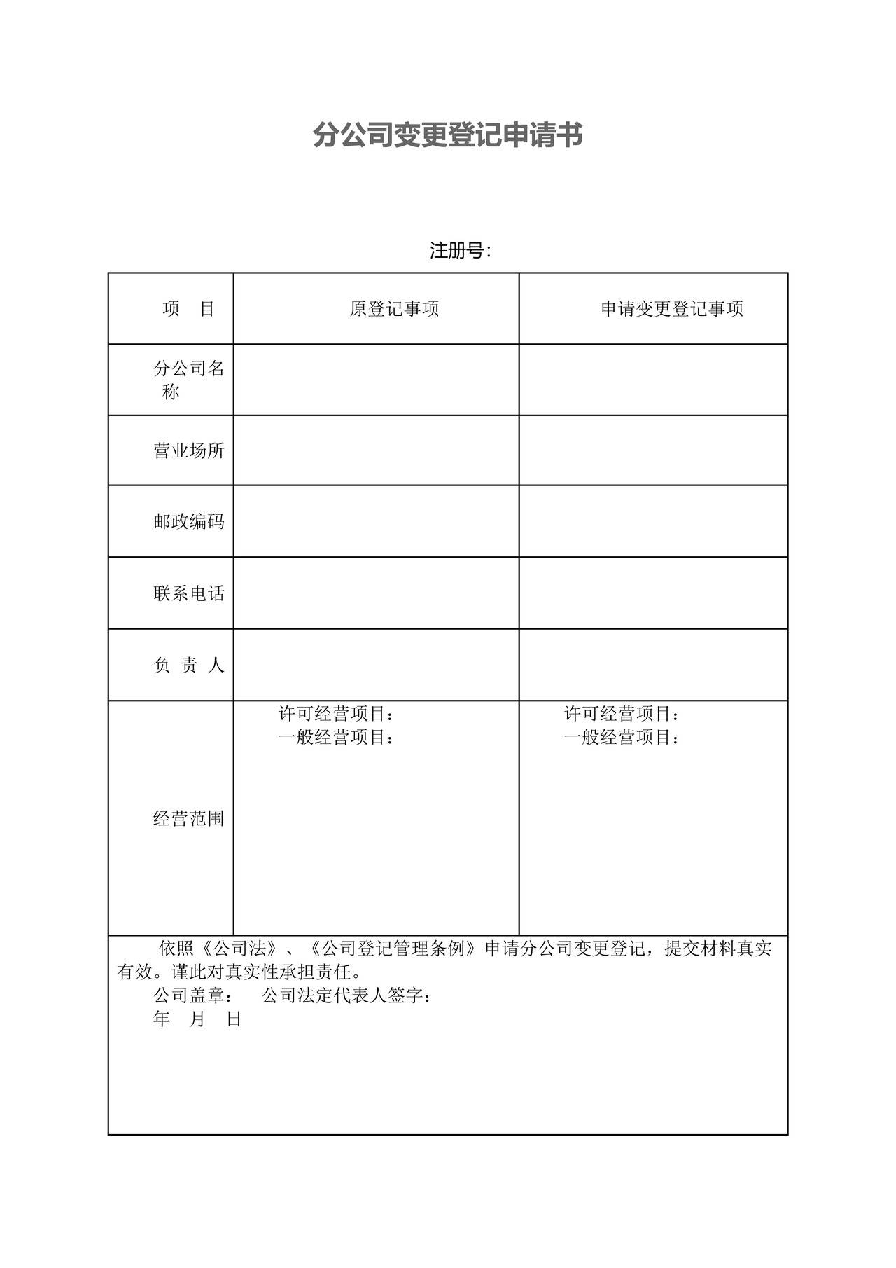 分公司变更登记申请书