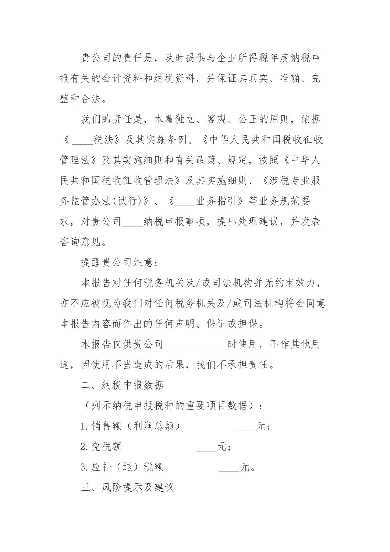 纳税申报准备咨询业务报告