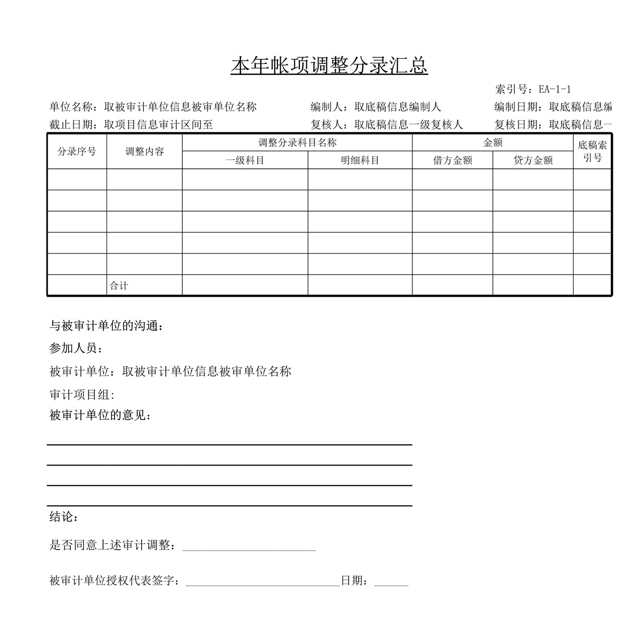 审计工作底稿模板—EA-1账项调整分录汇总表