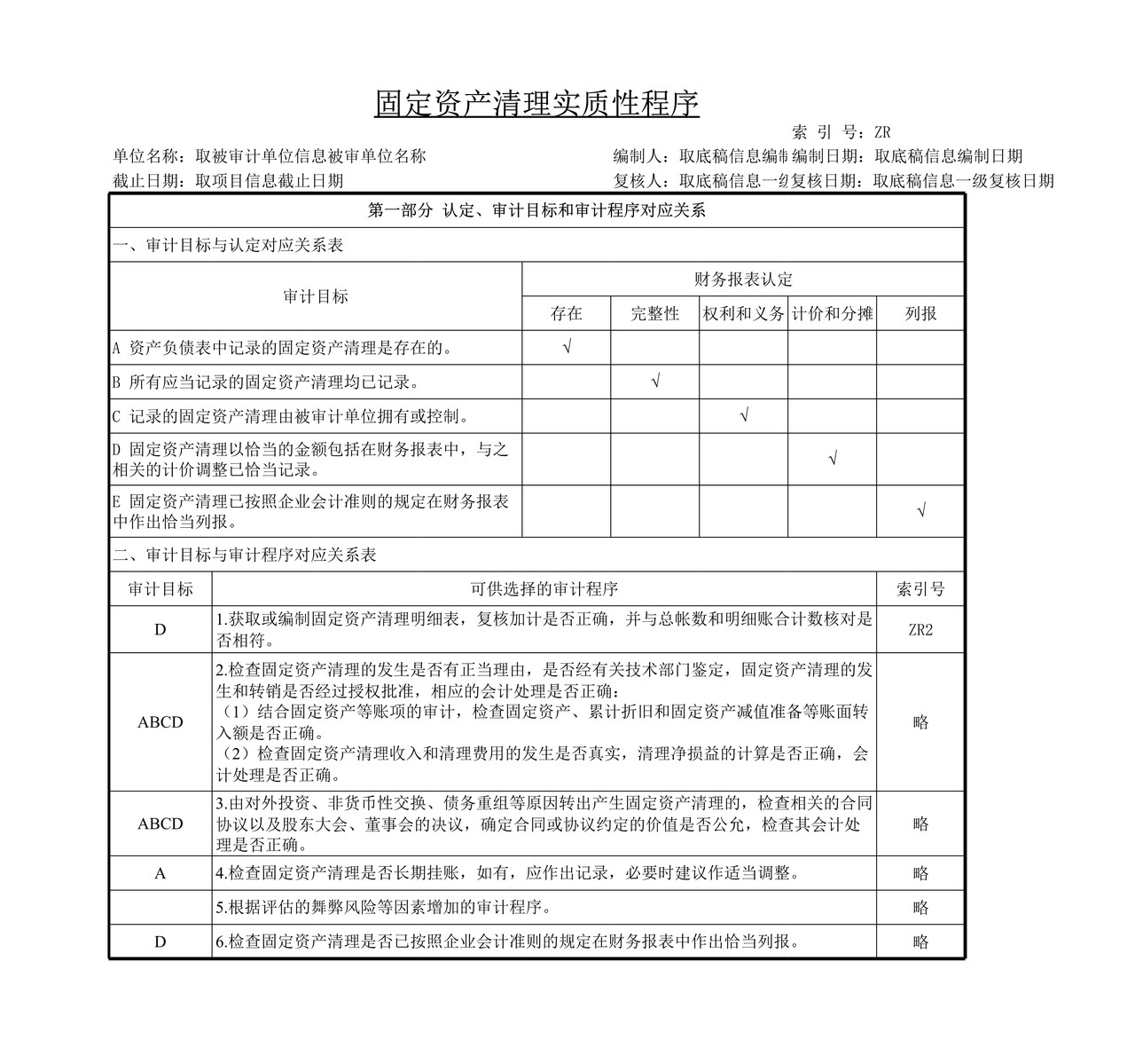 审计工作底稿模板—ZR固定资产清理