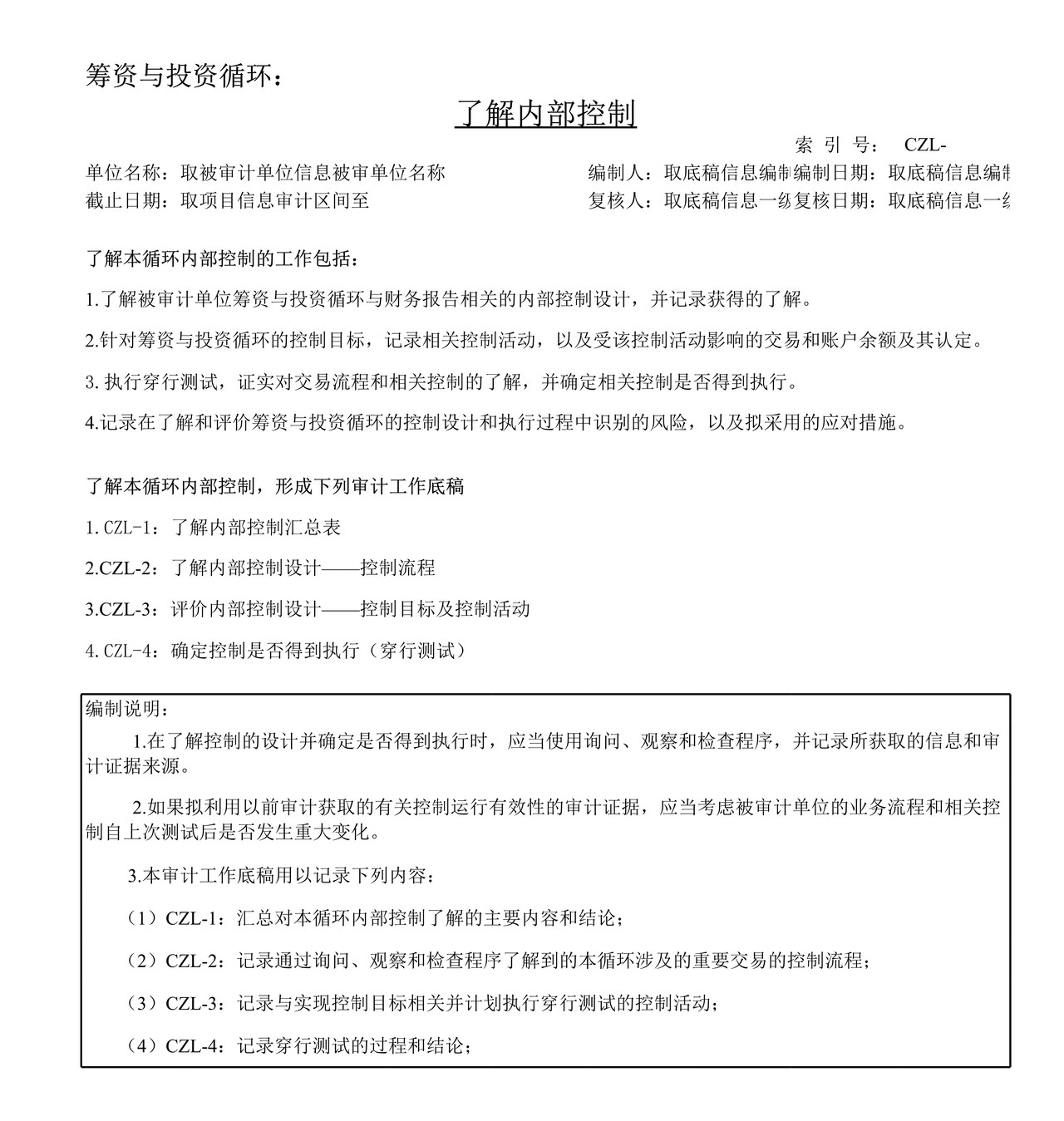 审计工作底稿模板—CZL筹资与投资