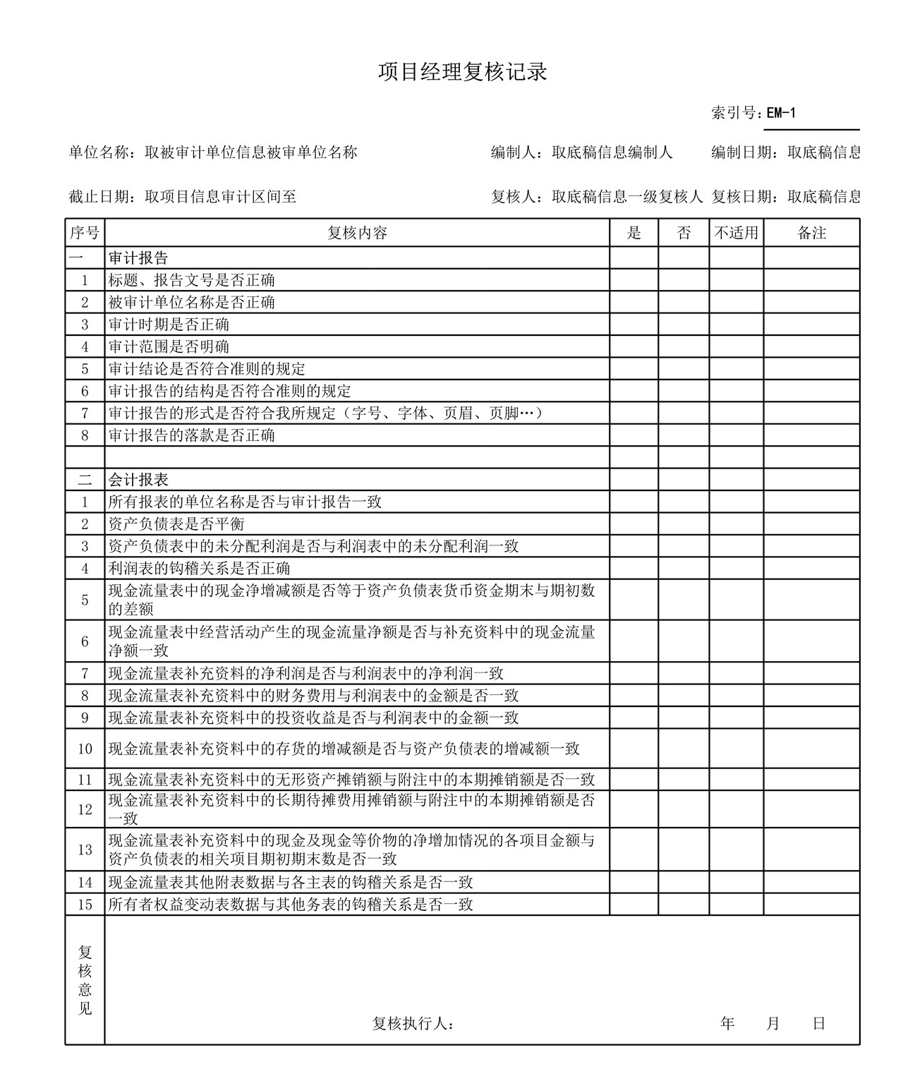 审计工作底稿模板—EM业务复核核对表