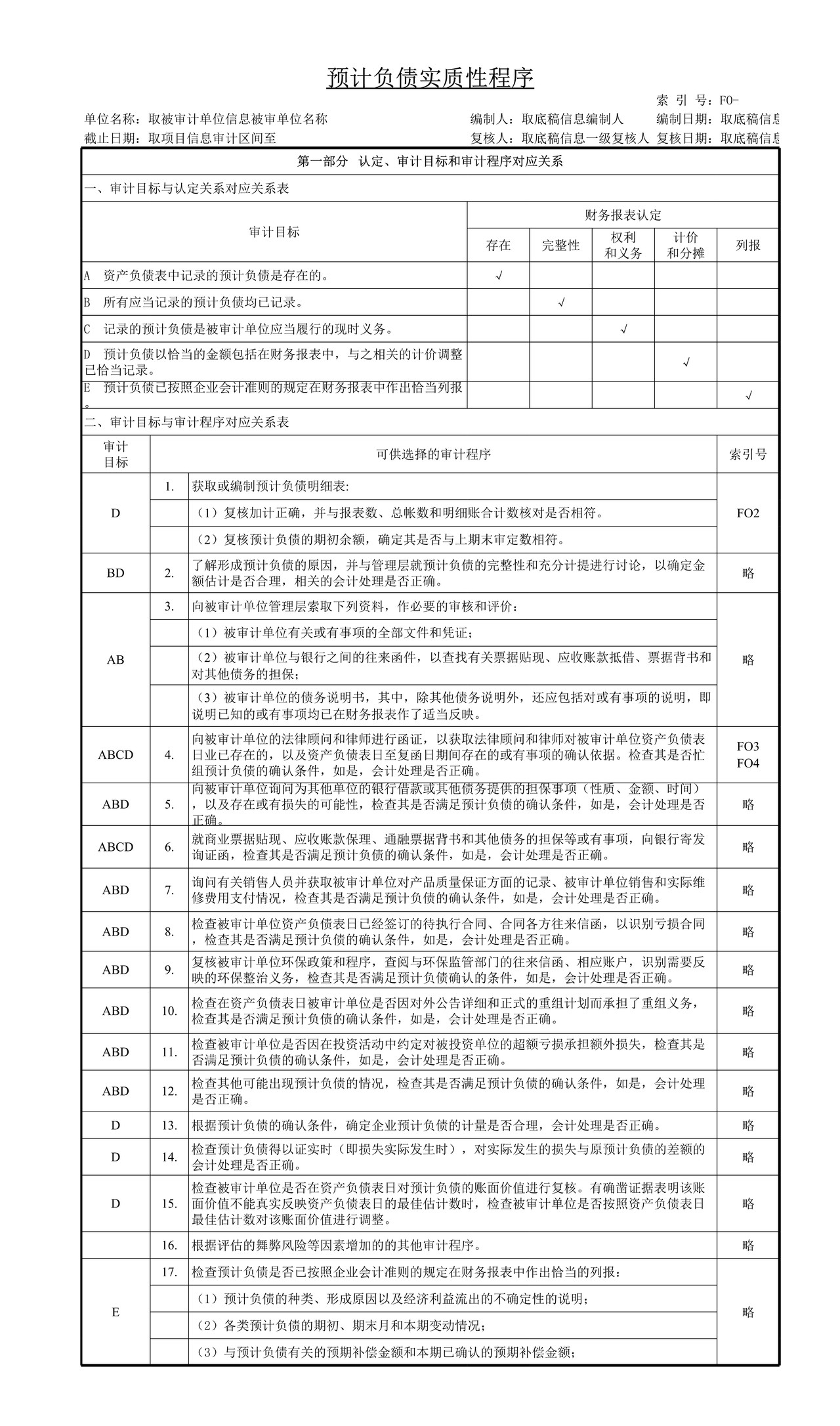 审计工作底稿模板—FO预计负债