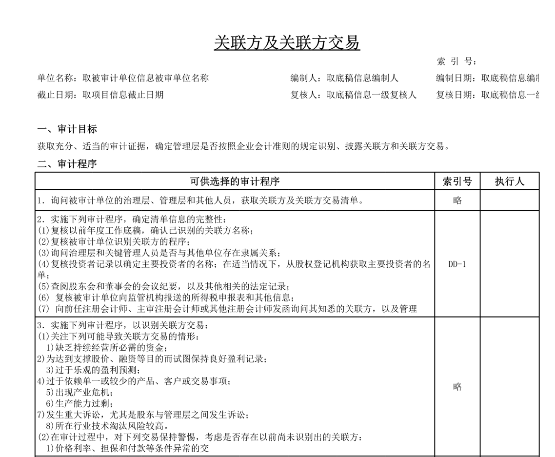 审计工作底稿模板—DC1关联方及关联方交易