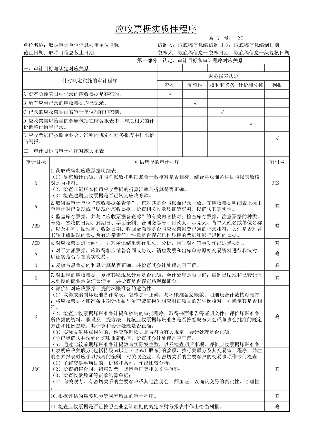 审计工作底稿模板—ZC应收票据