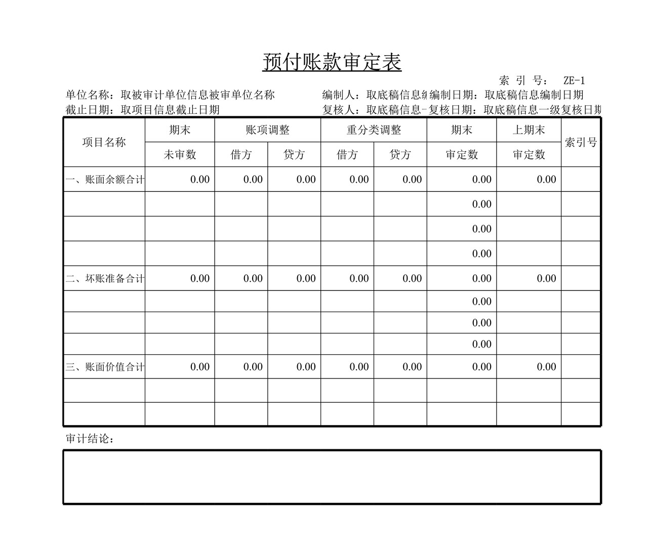 审计工作底稿模板—ZE预付账款