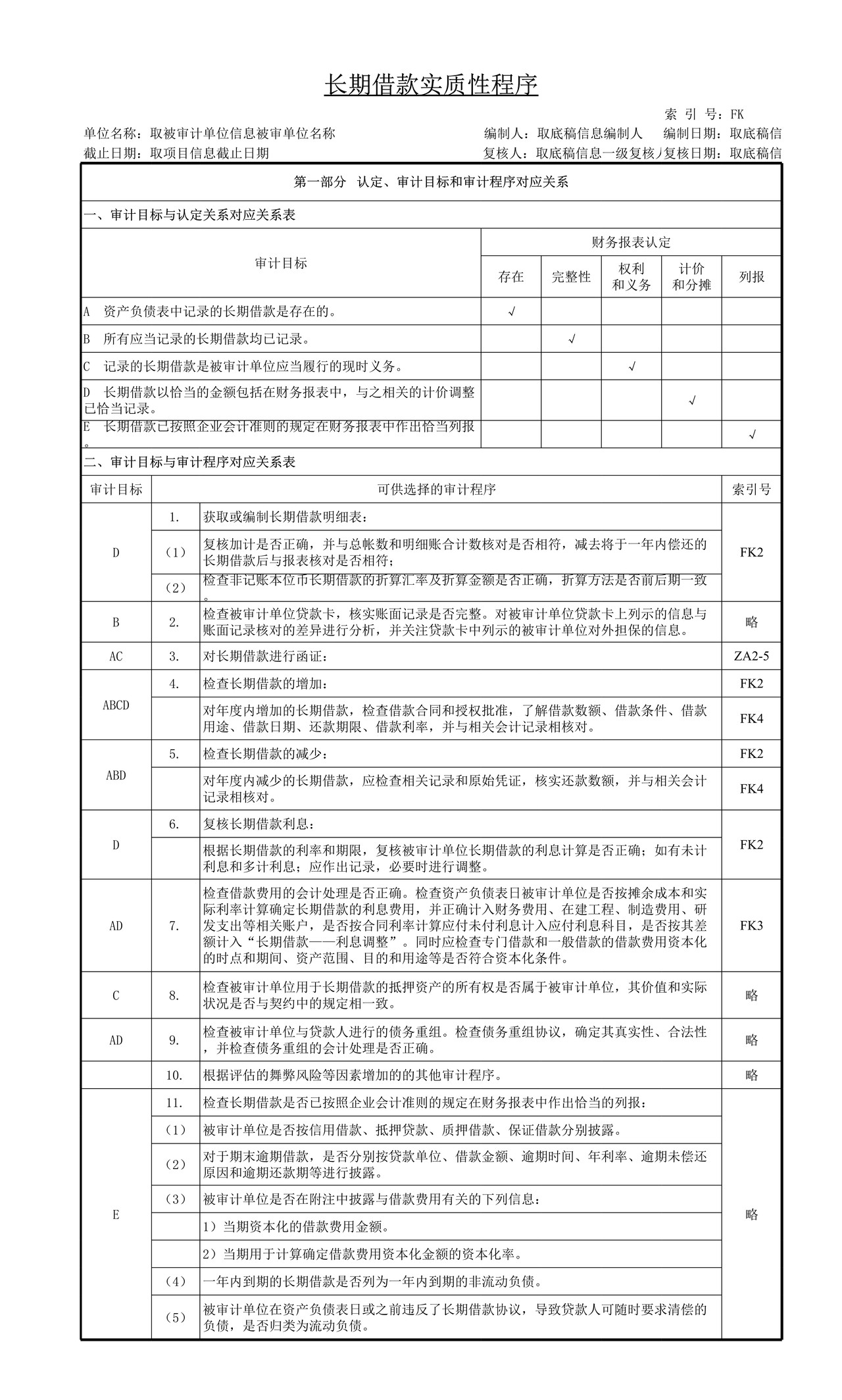 审计工作底稿模板—FK长期借款