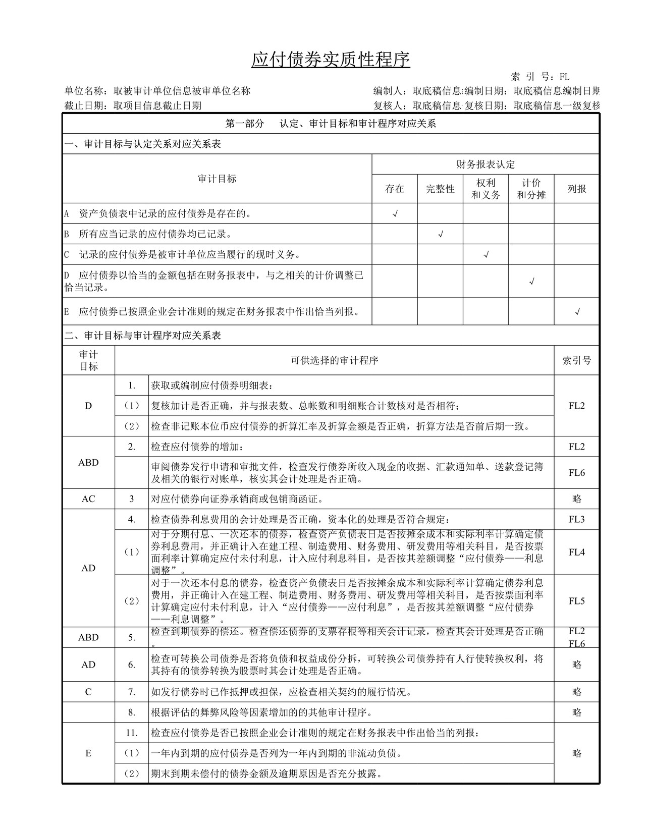 审计工作底稿模板—FL应付债券