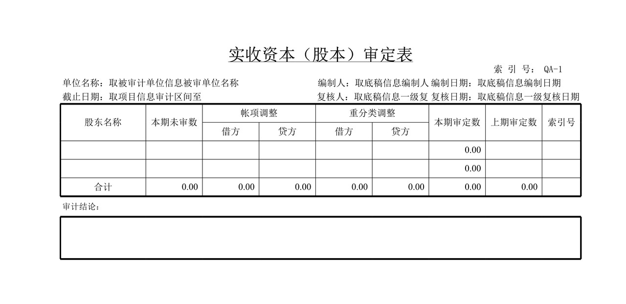 审计工作底稿模板—QA实收资本