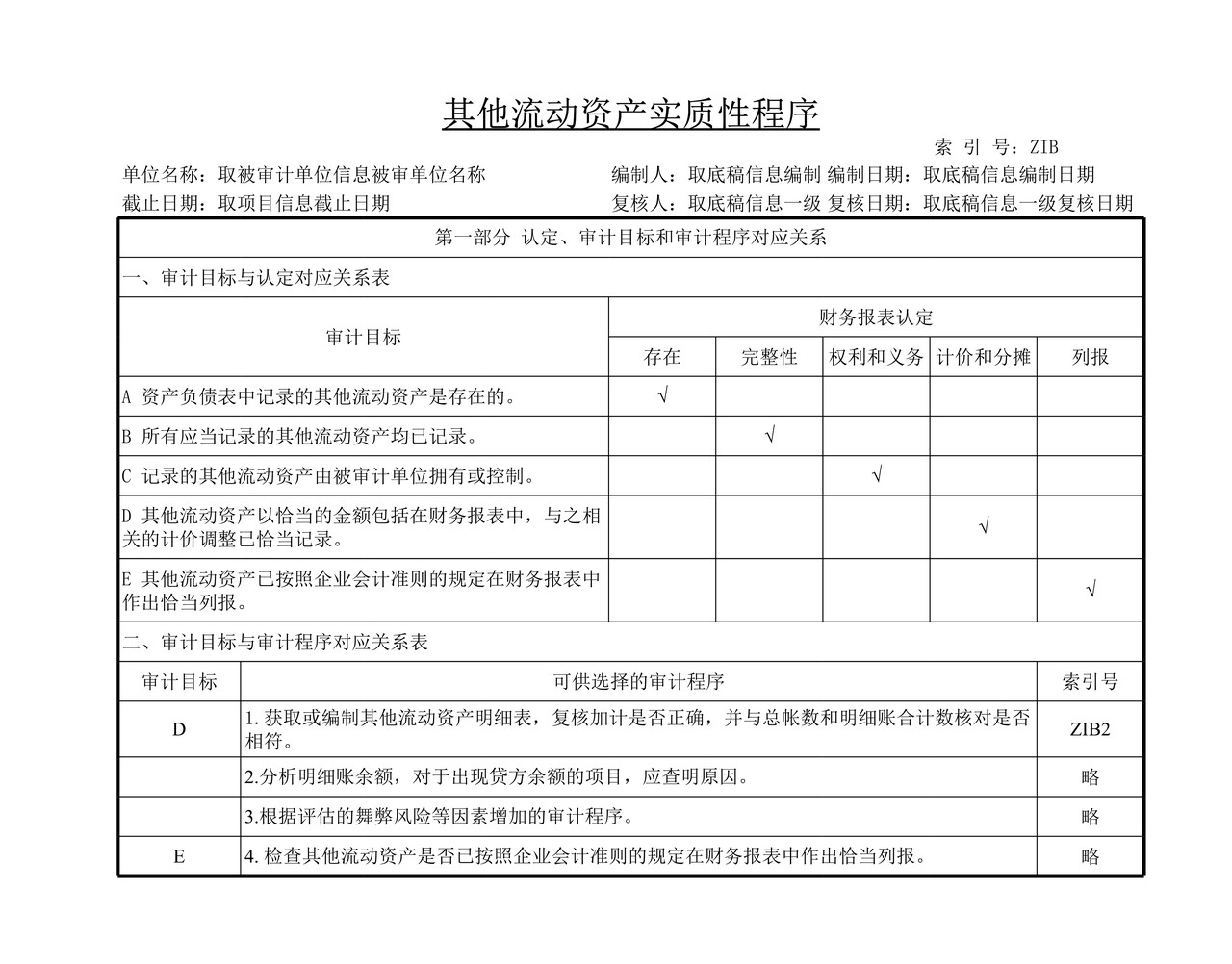 审计工作底稿模板—ZIB其他流动资产